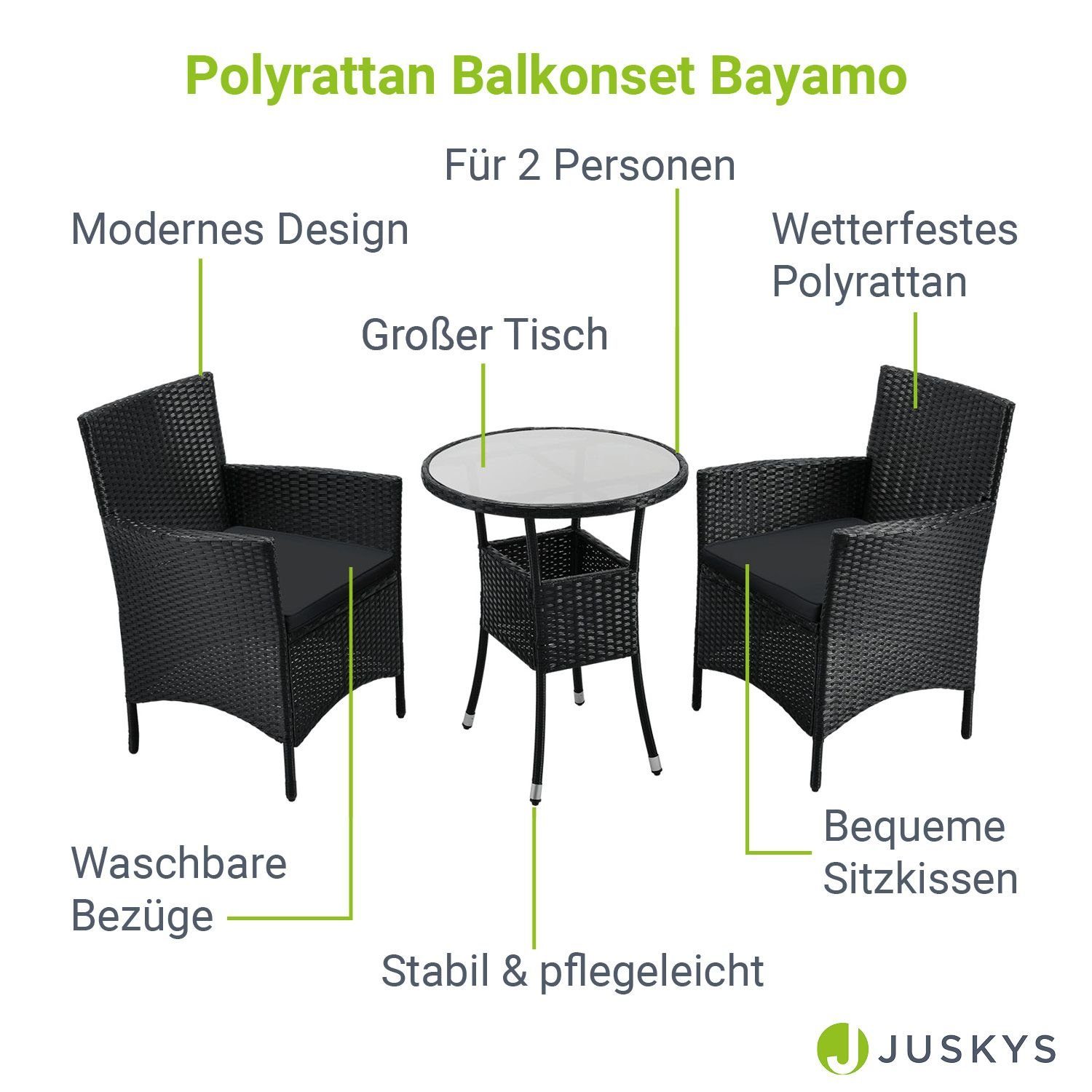 Juskys Balkonset Bayamo, hohe Stabilität, wetterfest, bequeme Kissen