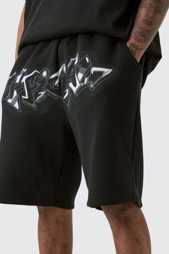Tall lockere Shorts mit Graffiti-Print