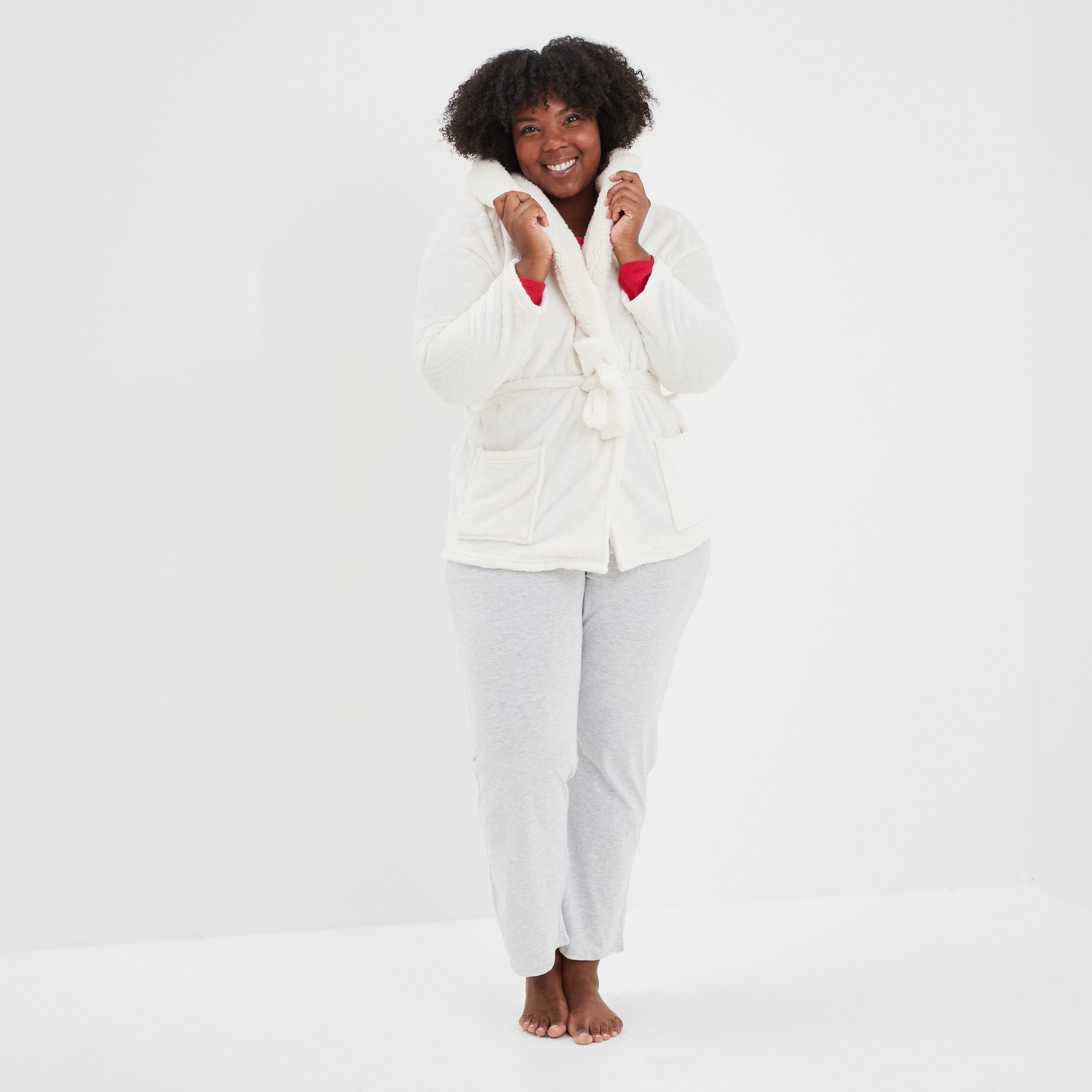 Peignoir court col châle laine mouton blanc femme grande taille | La Halle
