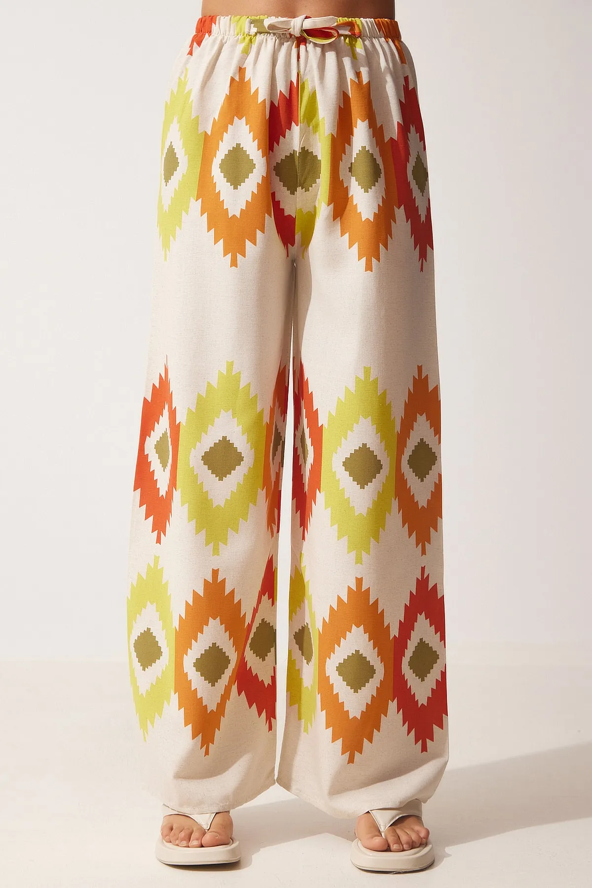 Happiness İstanbul  Damen-Palazzo-Hose aus Leinen mit Blumenmuster in Gelb und Creme BH00385