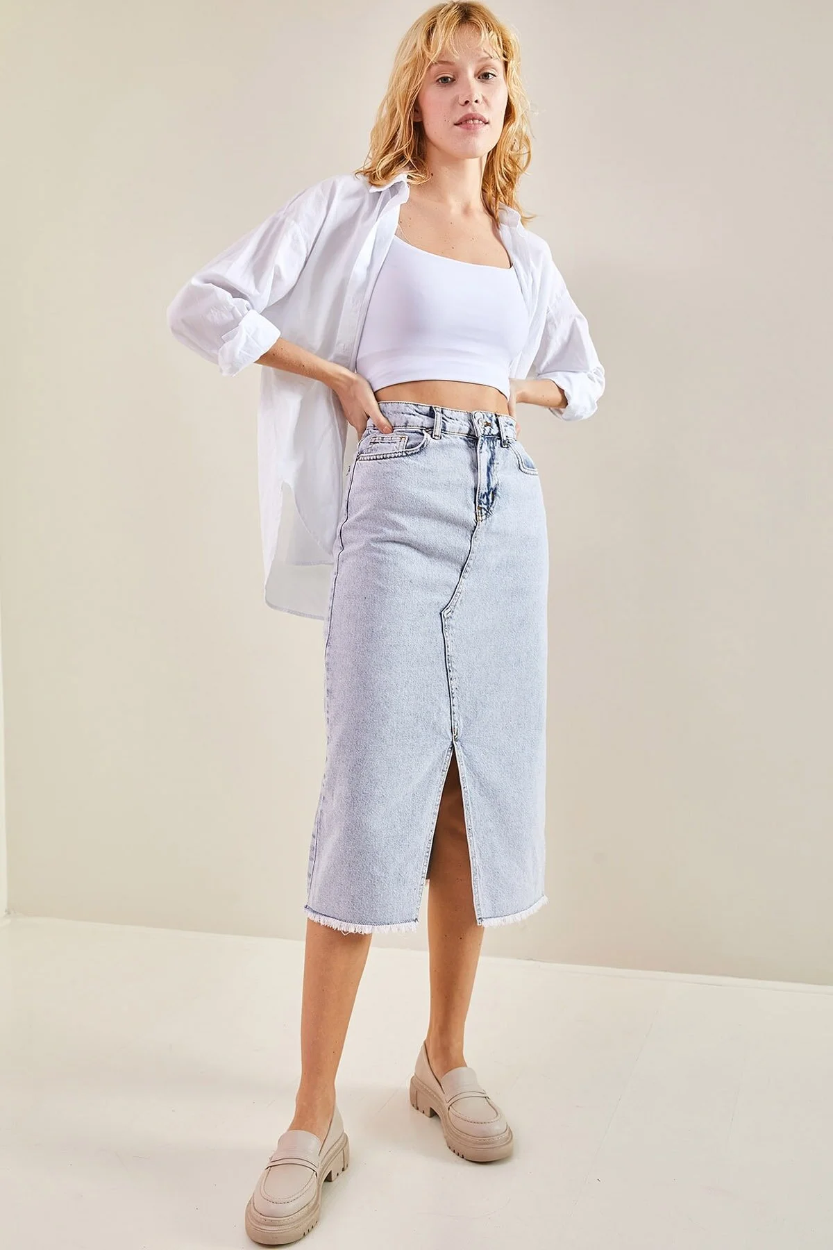 Bianco Lucci  Lasergeschnittener, geschlitzter Jeansrock für Damen