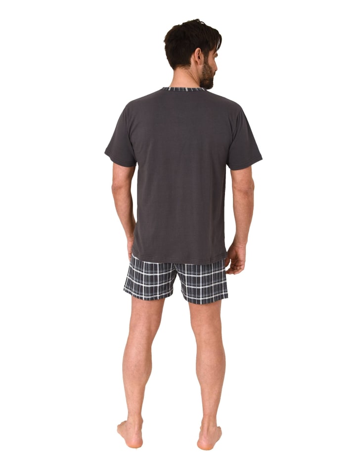 NORMANN Schlafanzug kurzarm Shorty mit karierter Jersey Hose in anthrazit günstig kaufen