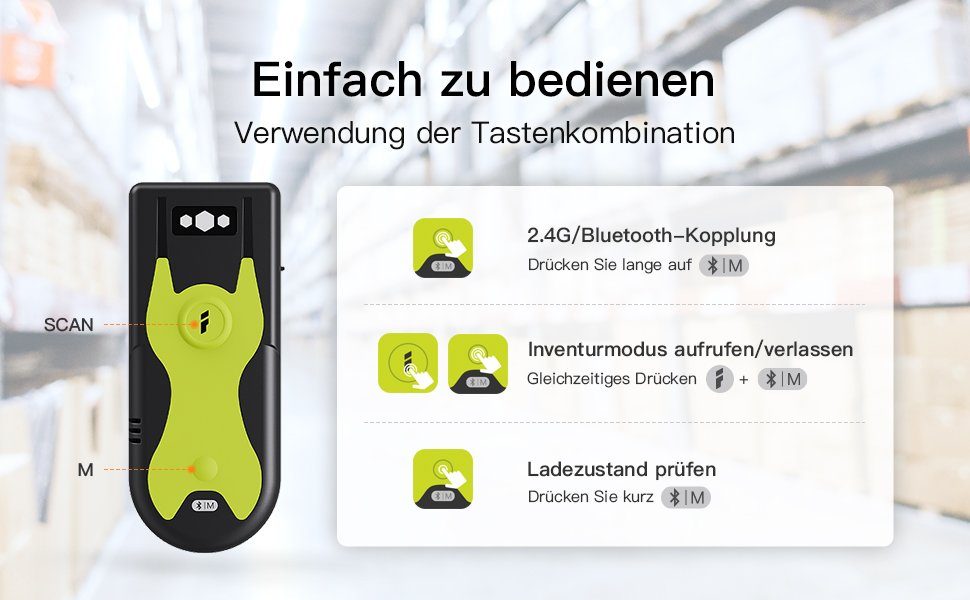 Inateck 1D/2D Bluetooth Scanner mit 2,4Ghz USB Adapter, BCST-42 Handscanner