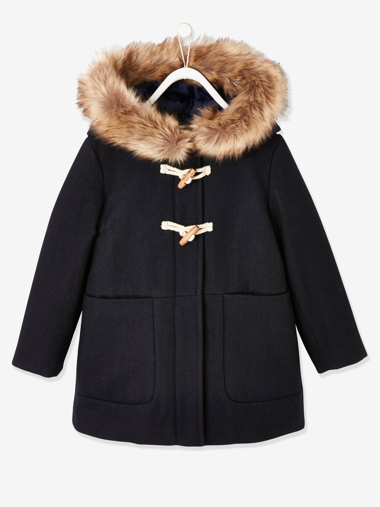 Duffle-coat à capuche en drap de laine fille fermeture par brandebourgs encre