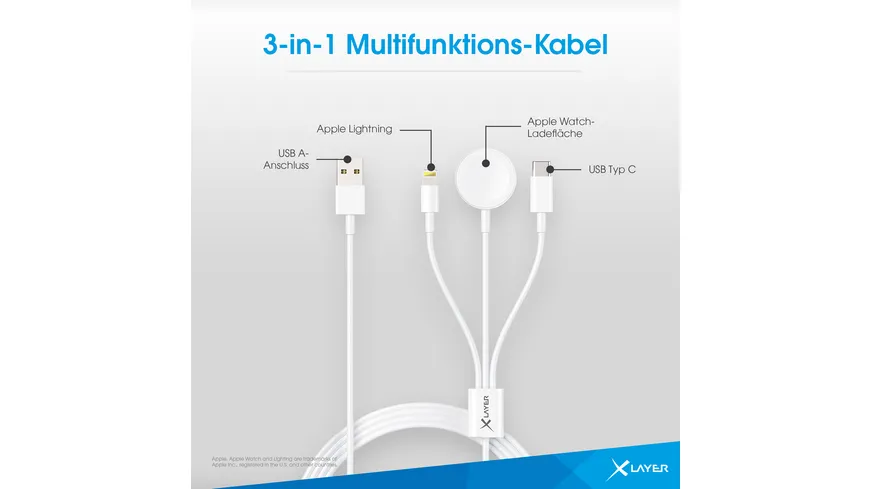 XLayer 3 in 1 Multifunktions-Kabel für Apple Produkte 1.5m Weiß