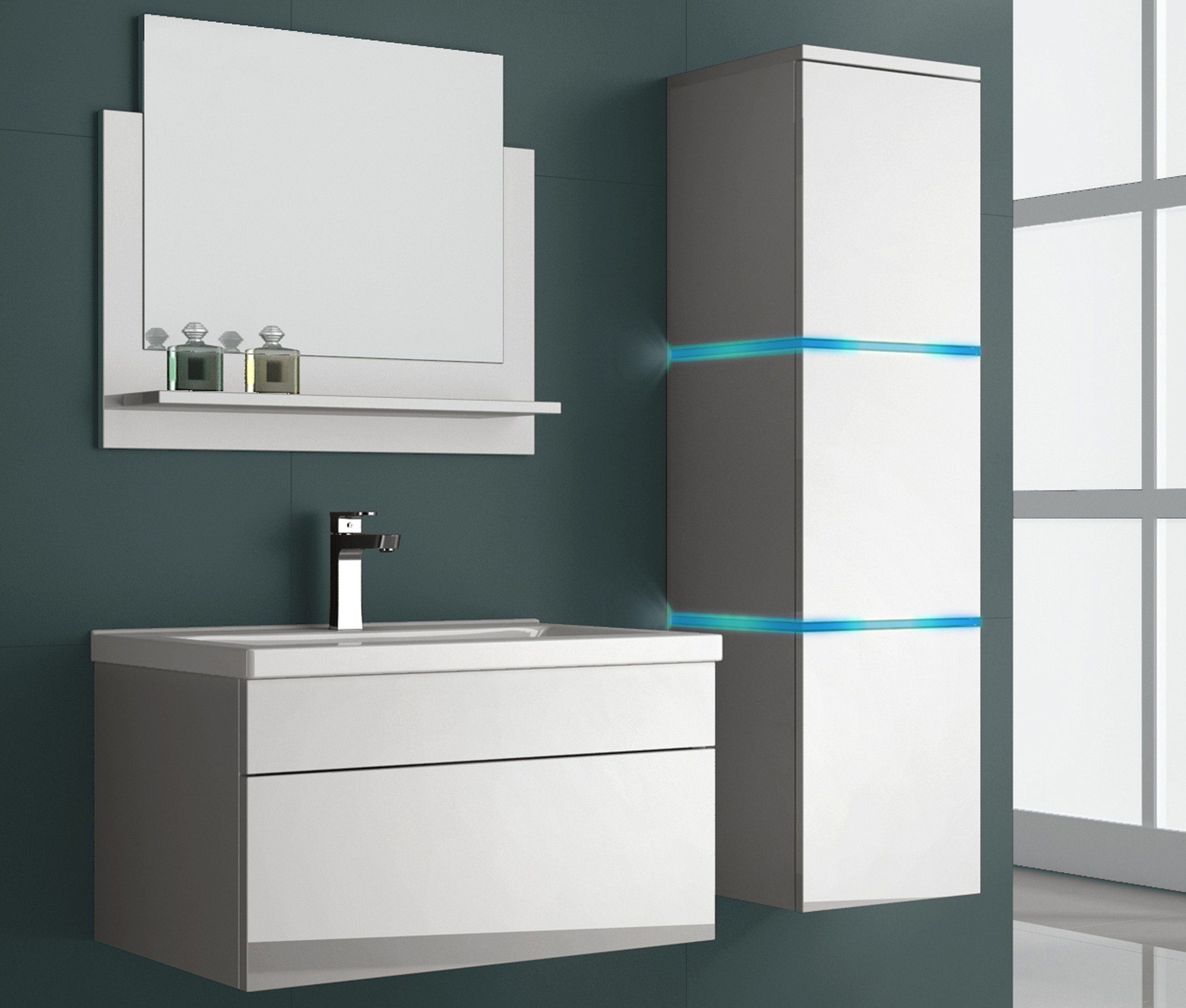 Aileenstore Badmöbel-Set Island 60, (4-St., Badmöbel-Set 4-teilig), Breite 61 cm, LED-Beleuchtung, hochglanz