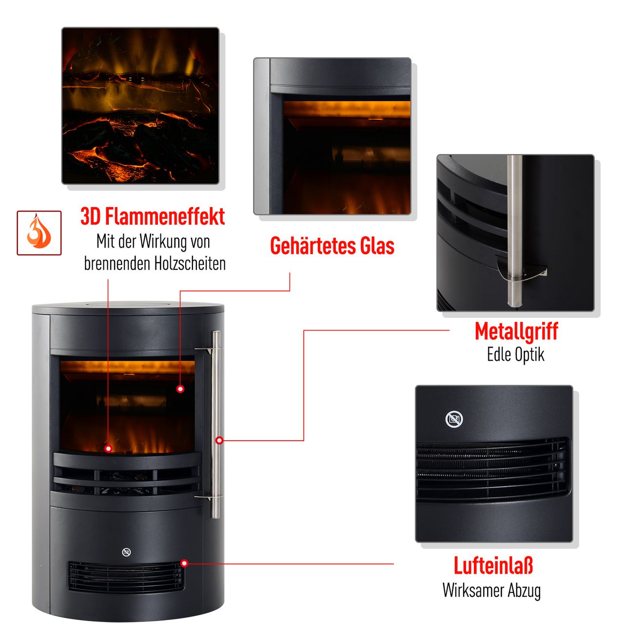 HOMCOM LED Elektrokamin Wandkamin Standkamin Kaminofen mit Flammeneffekt