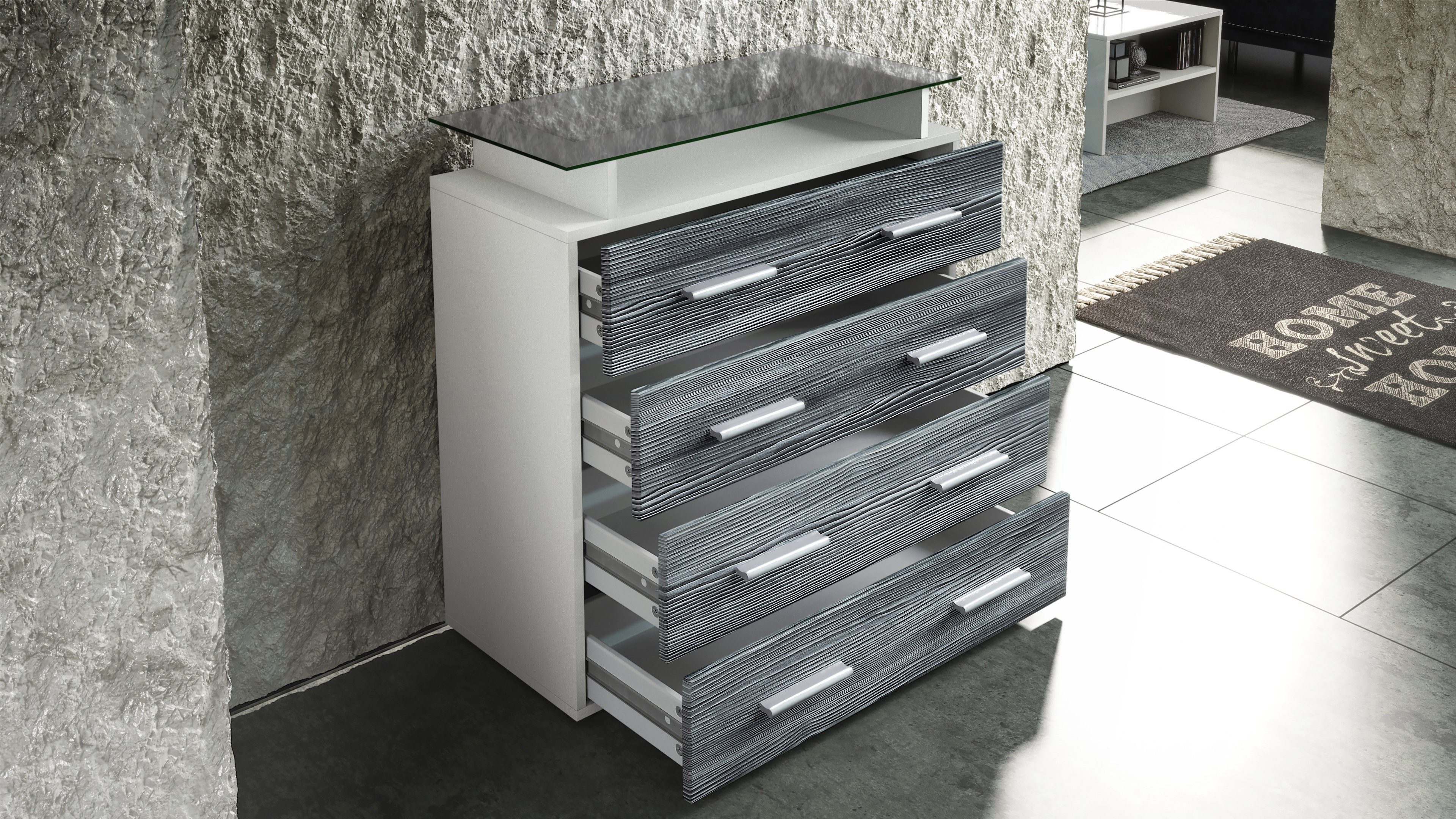 Vladon Kommode Pavos (Kommode, mit 4 Schubladen und Glasablage), Weiß matt/Weiß Hochglanz (76 x 81 x 35 cm)