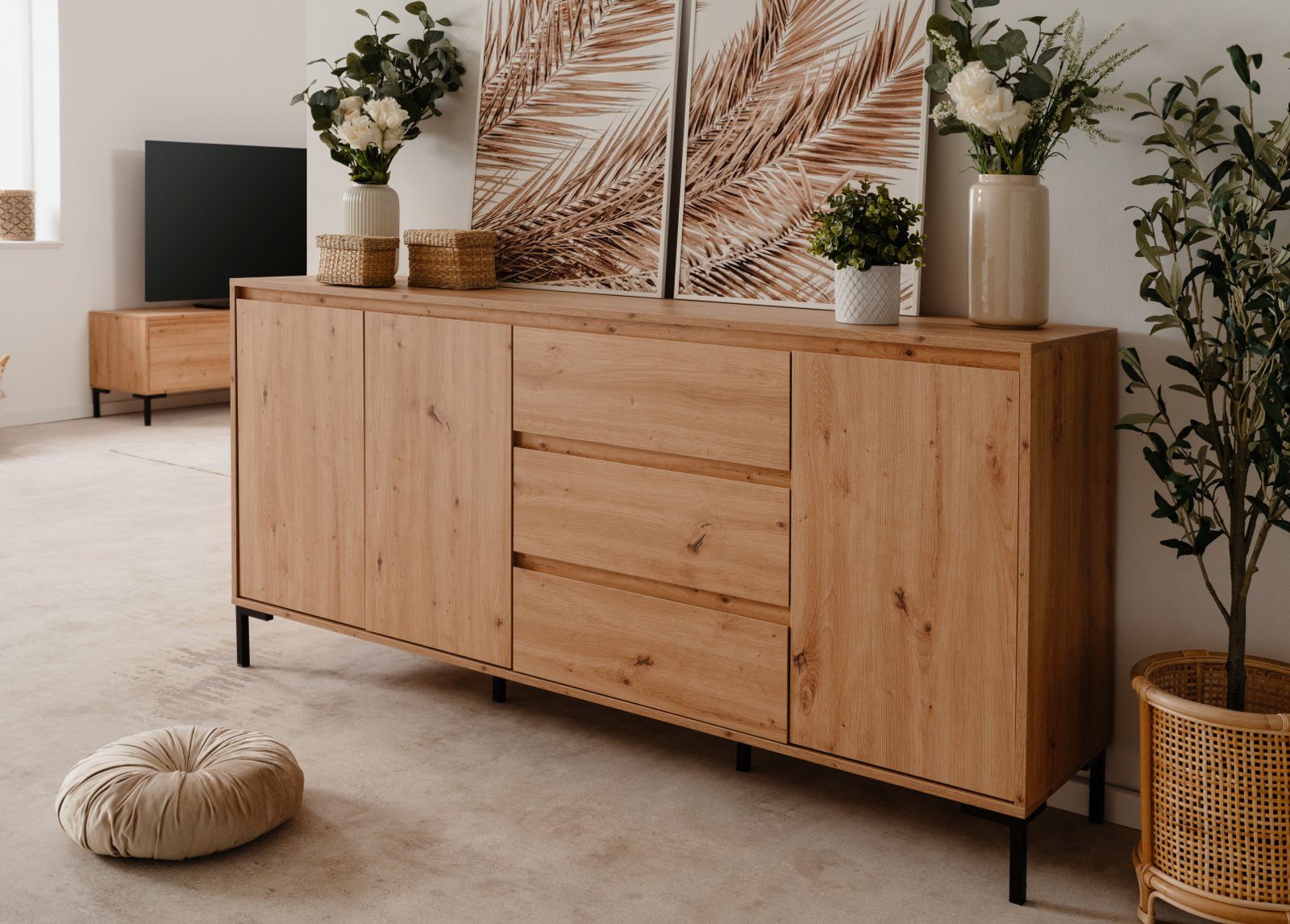Finori Sideboard Korsika (Kommode in Eiche Artisan mit 3 Schubladen, 170 x 87 cm), Metallfüße in schwarz