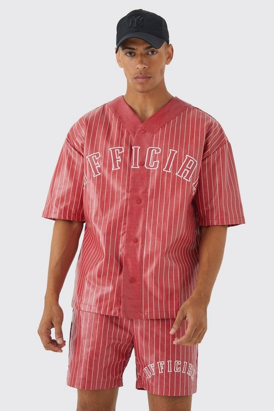 Kurzärmliges Oversize PU Baseball-Hemd & Shorts