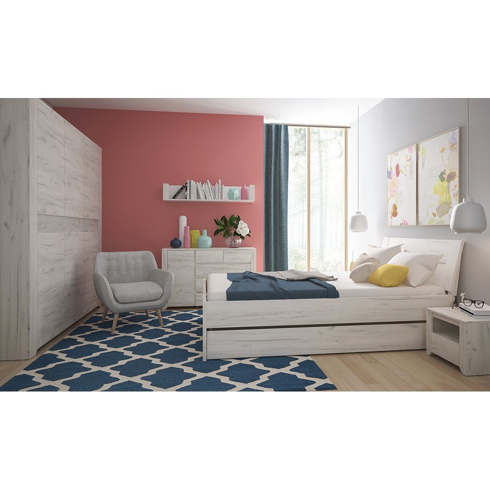 Lomadox Schlafzimmer-Set AMANTEA-129, (Spar-Set, 8-St), mit Bett 140x200cm, Craft Eiche weiß
