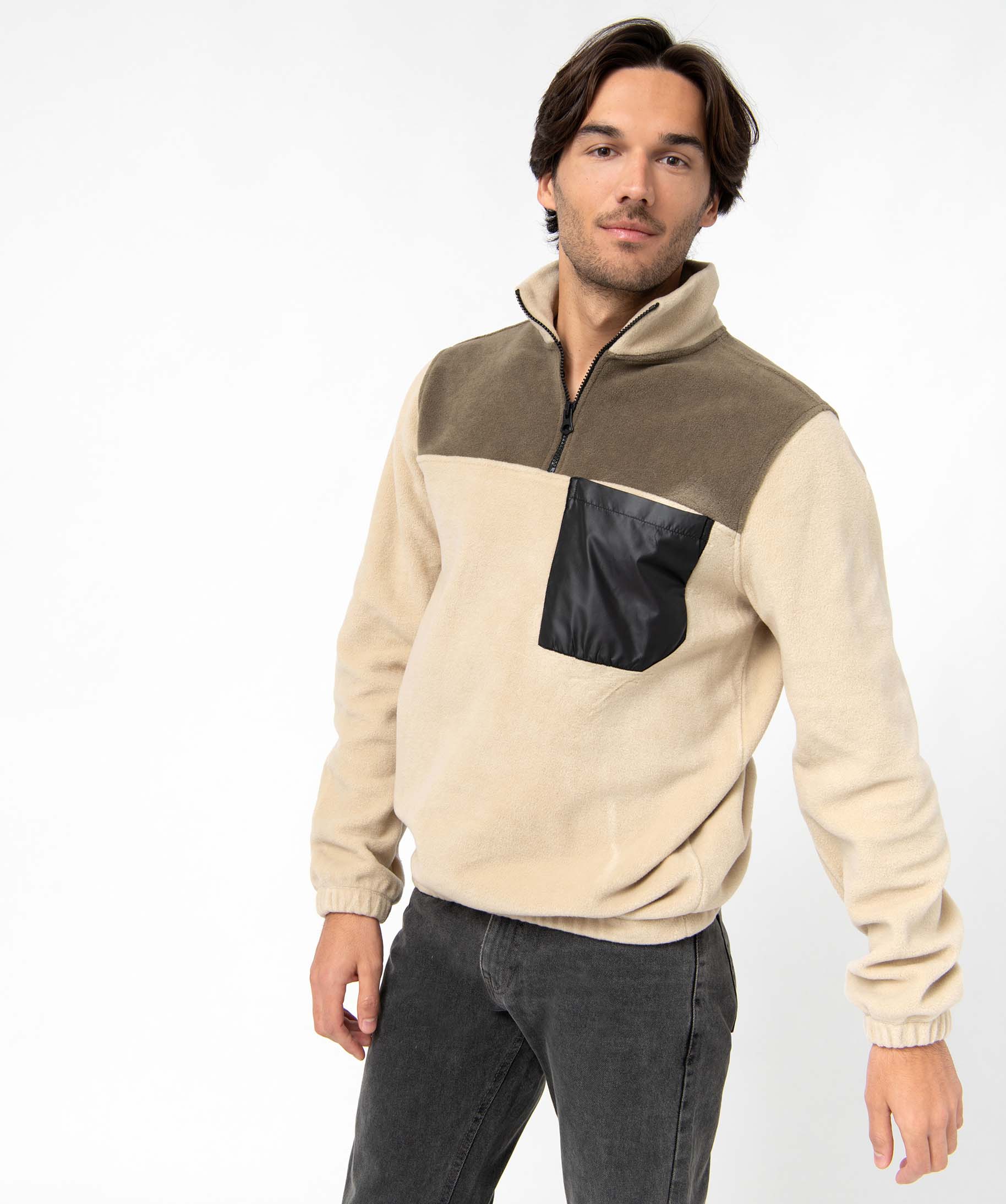 Sweat homme en maille polaire à col zippé ecru | GEMO