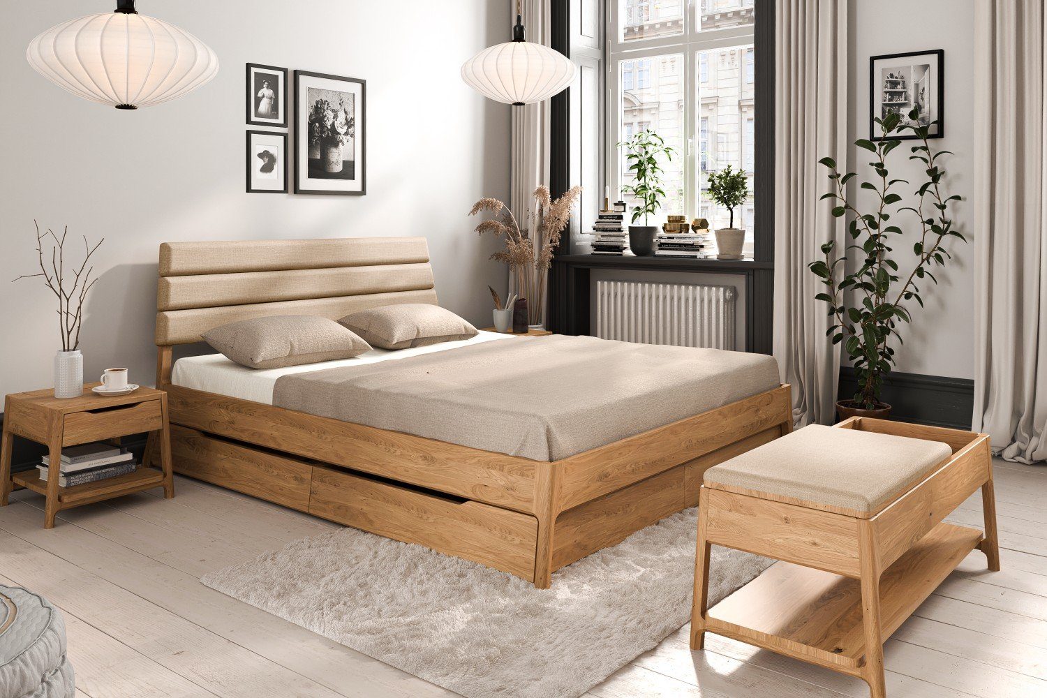 byoak Massivholzbett TWIG 2 mit Polsterkopfteil 90x200 aus Wildeiche Naturgeölt
