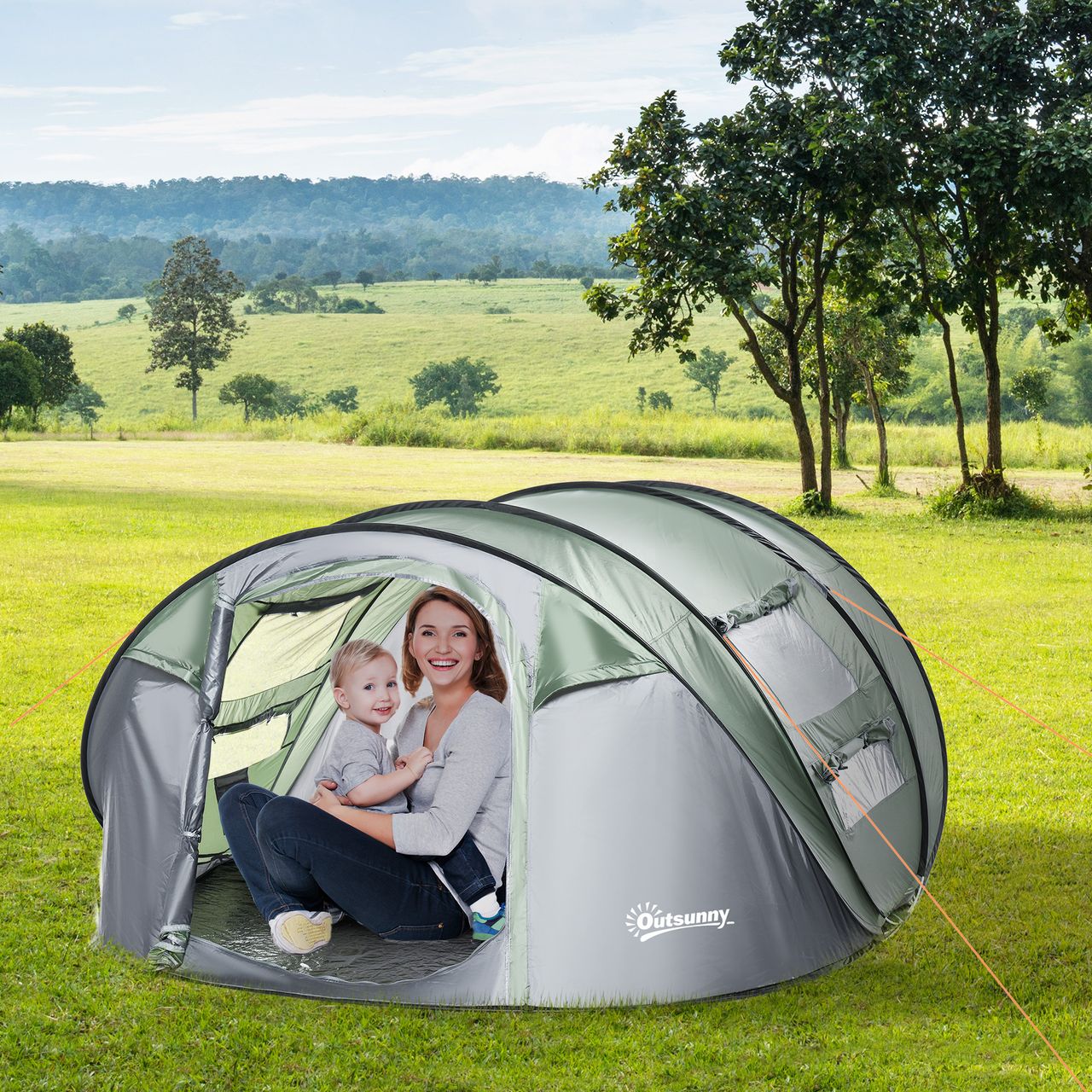 Outsunny Zelt für 4-5 Personen Campingzelt Kuppelzelt Glasfaser Dunkelgrün
