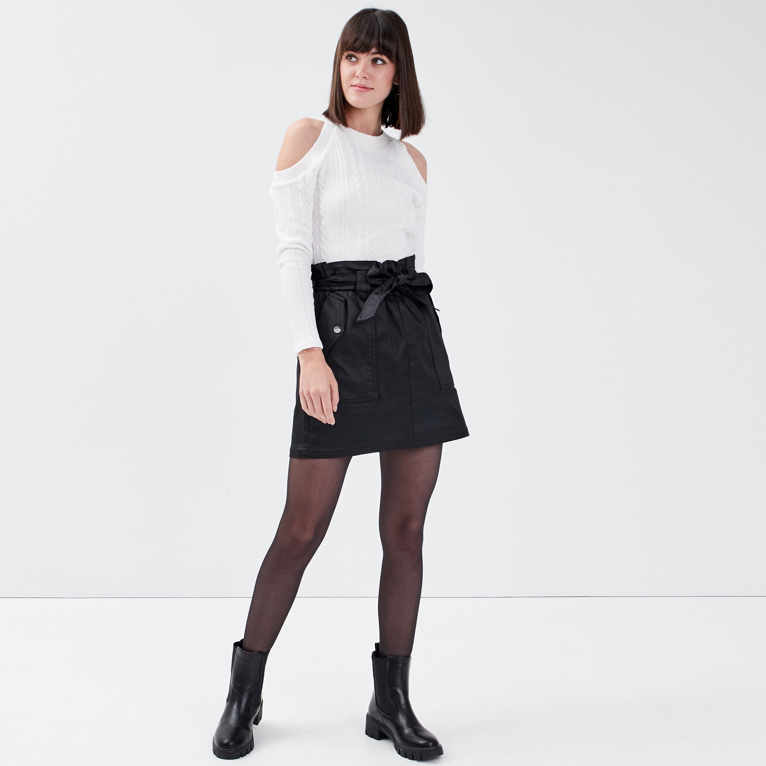 Jupe paperbag enduite noir femme | Cache Cache