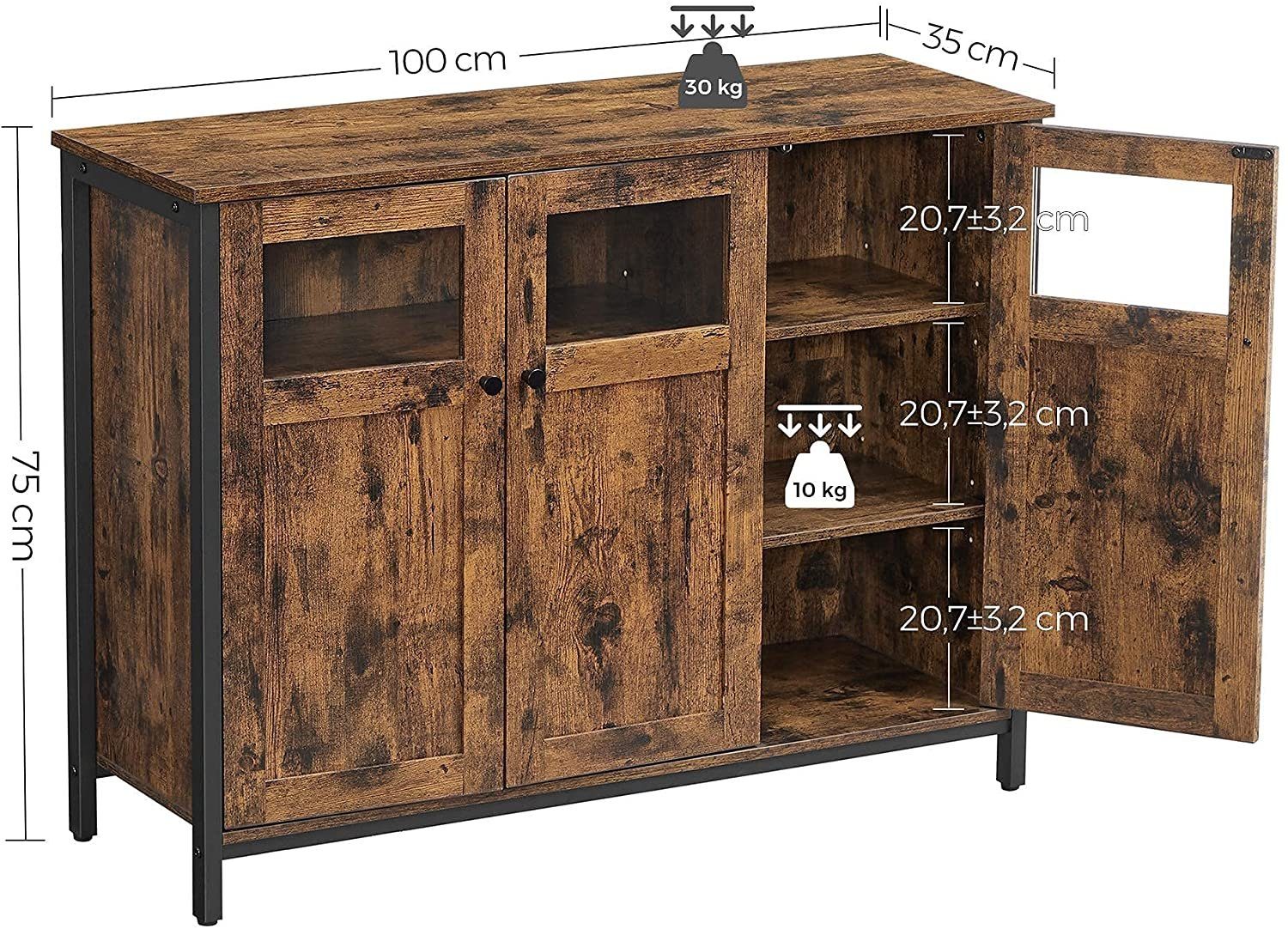 VASAGLE Sideboard, 100 x 35 x 75 cm, verstellbaren Ablage, mit Glastüren