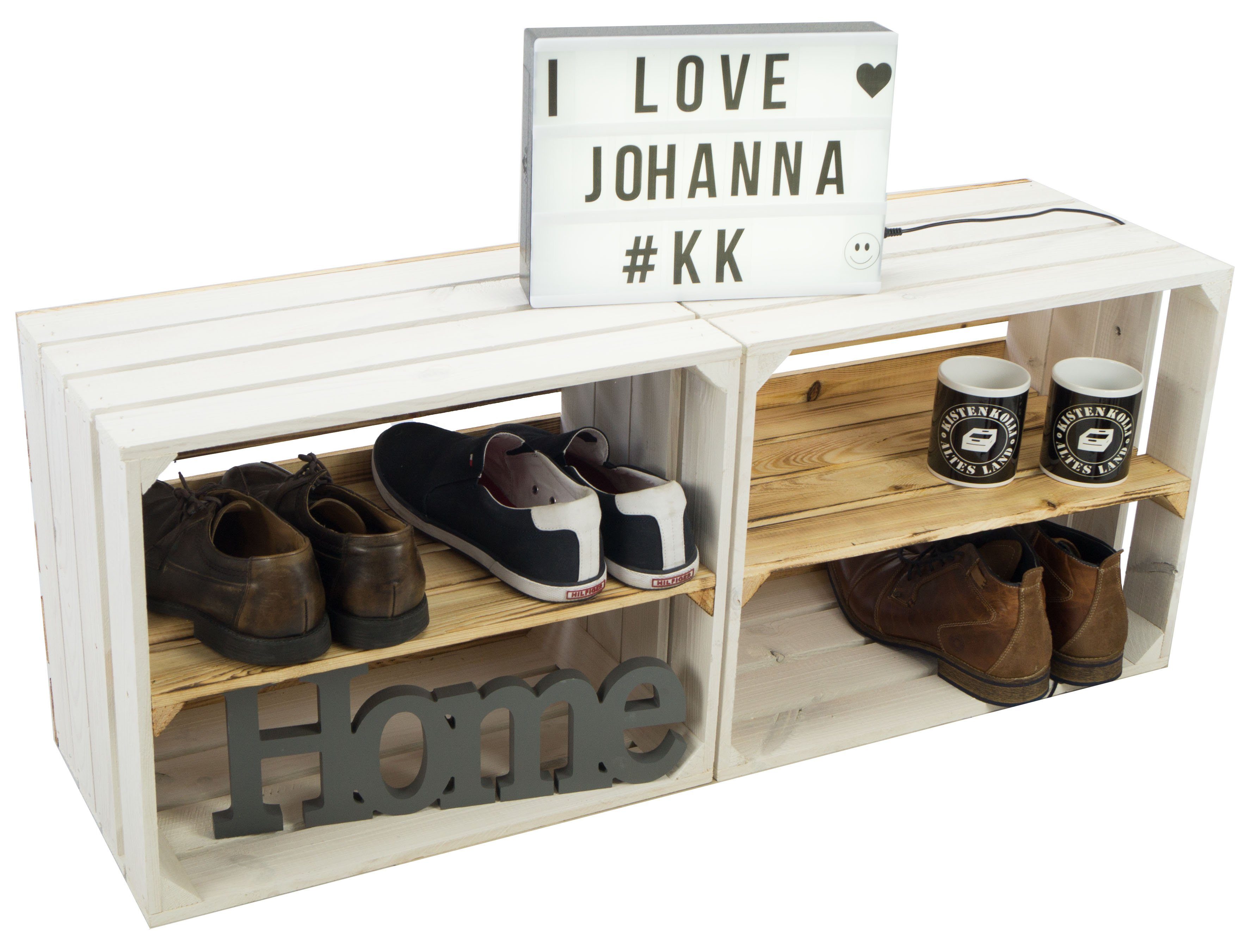 Kistenkolli Altes Land Allzweckkiste 4er set Holzkisten weiss geflammt Couchtisch Schuhregal Wohnwand Kiste