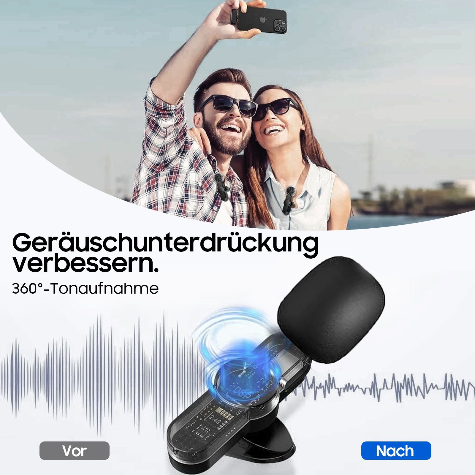 Aoucheni Mikrofon Kabelloses Lavalier Mikrofon für iPhone iPad Mackbook, (Set), Plug & Play für Vlog, TikTok, 2.4GHz, Akkulaufzeit 6 Stunden