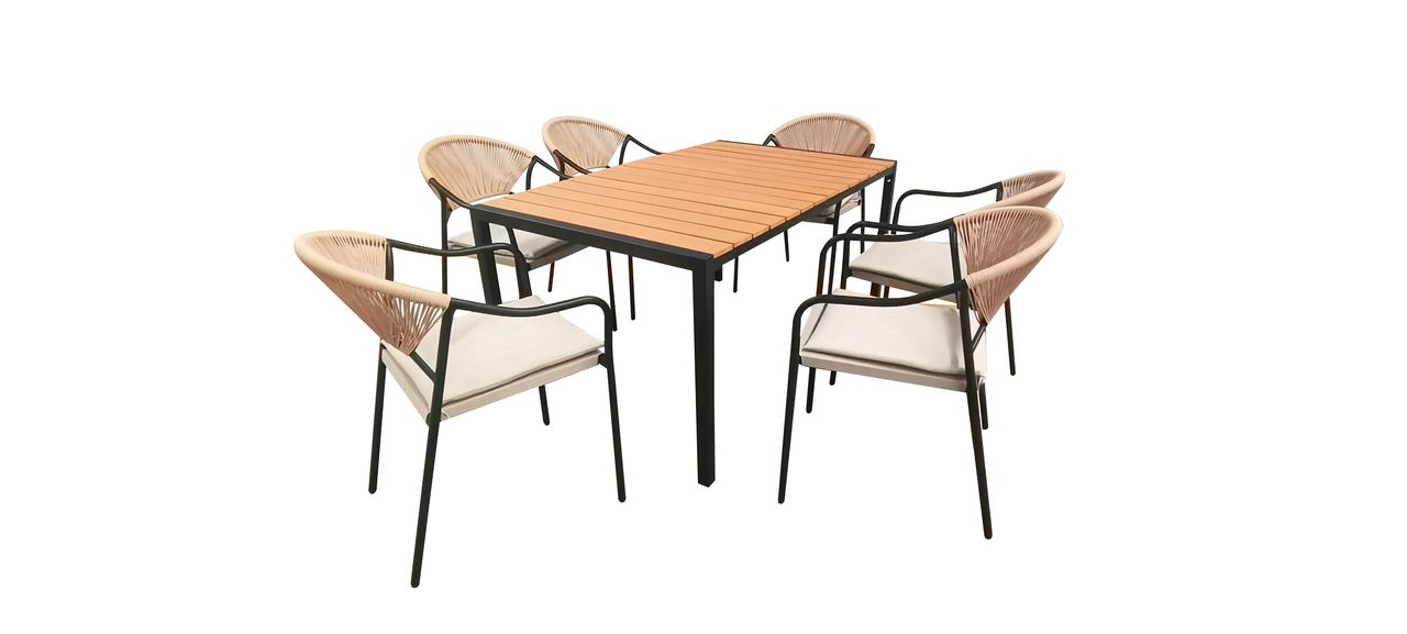 Happy Home Happy Home 7 tlg. Dining Set HGS33-BEI helles Rattan mit Sitzkissen in Beige