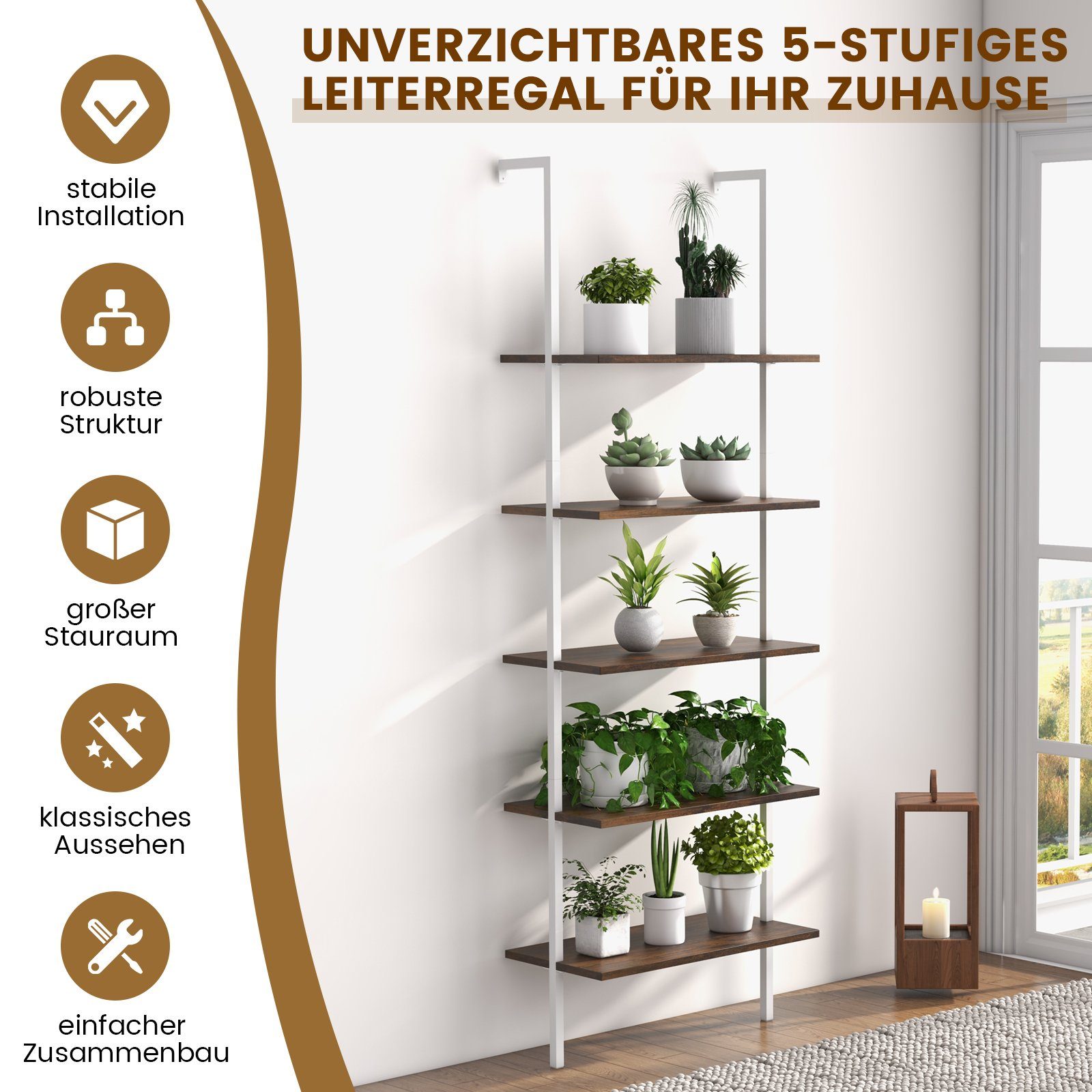 COSTWAY Leiterregal 5 Ebene Bücherregal, mit Metallrahmen, 180cm