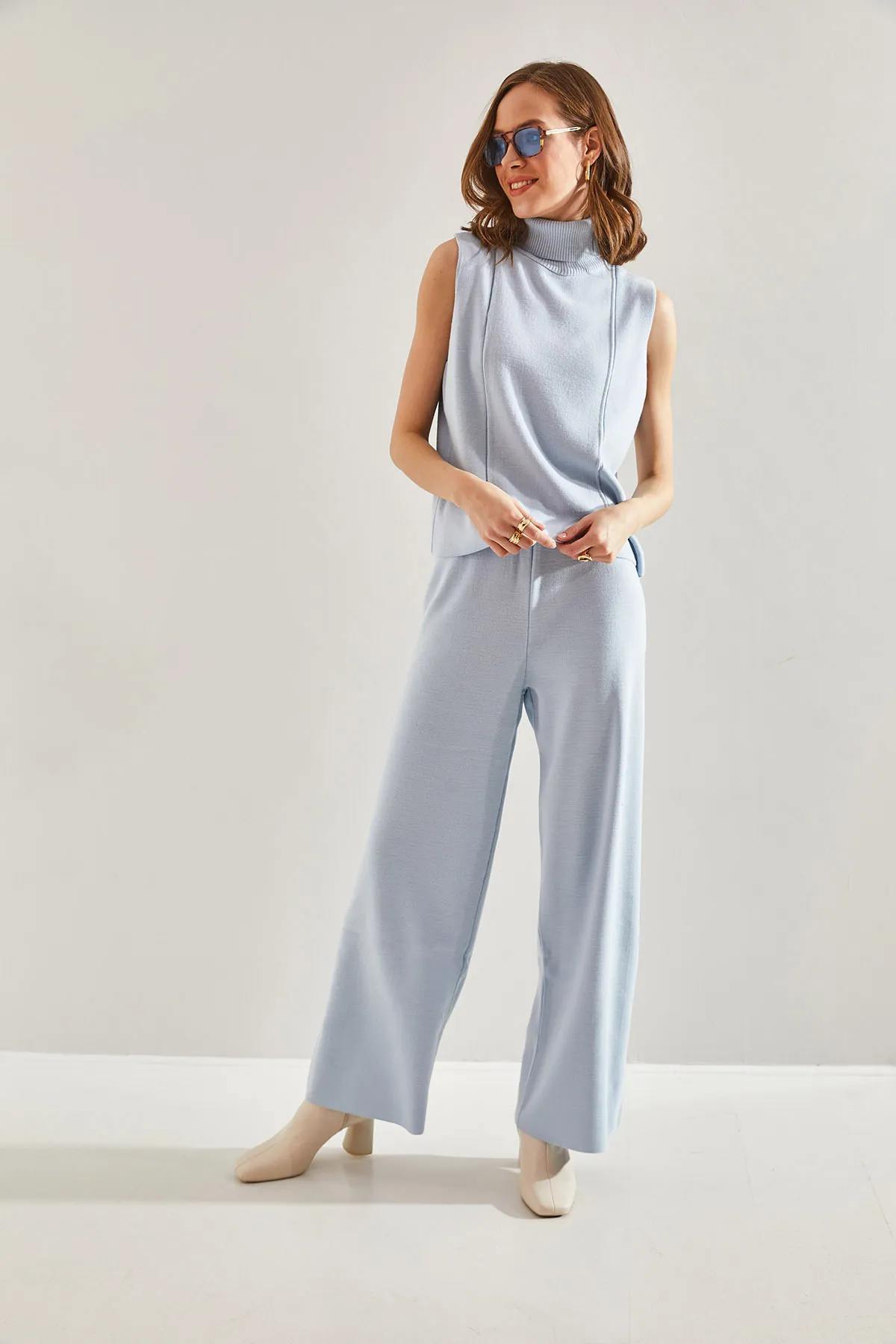 Bianco Lucci  Kurzarmblusen-Strickoberteil- und -Unterteil-Set für Damen