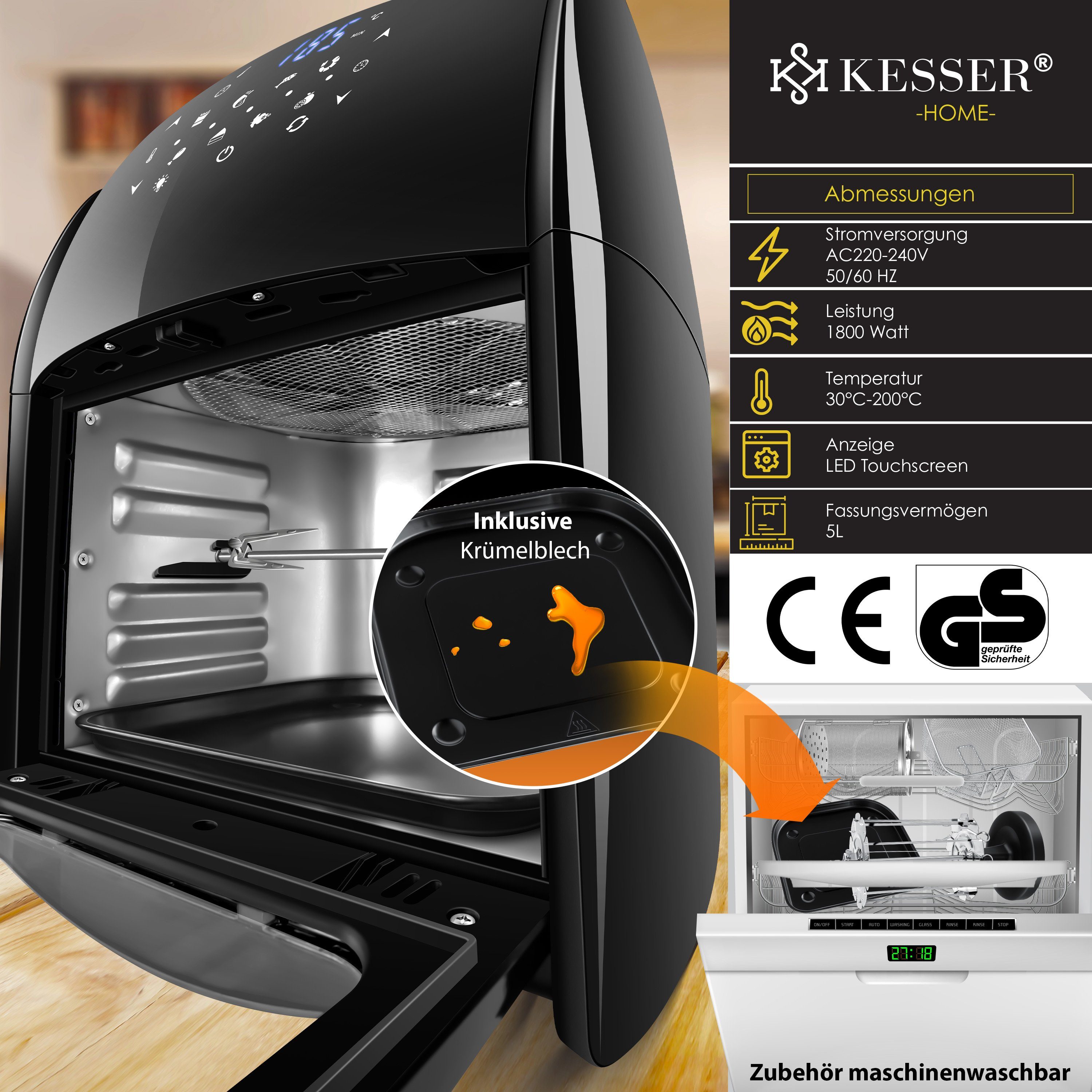 KESSER Heißluftfritteuse, 1800 W, XXL Airfryer 9in1 Heißluftfritteuse Fritteuse Drehgrill