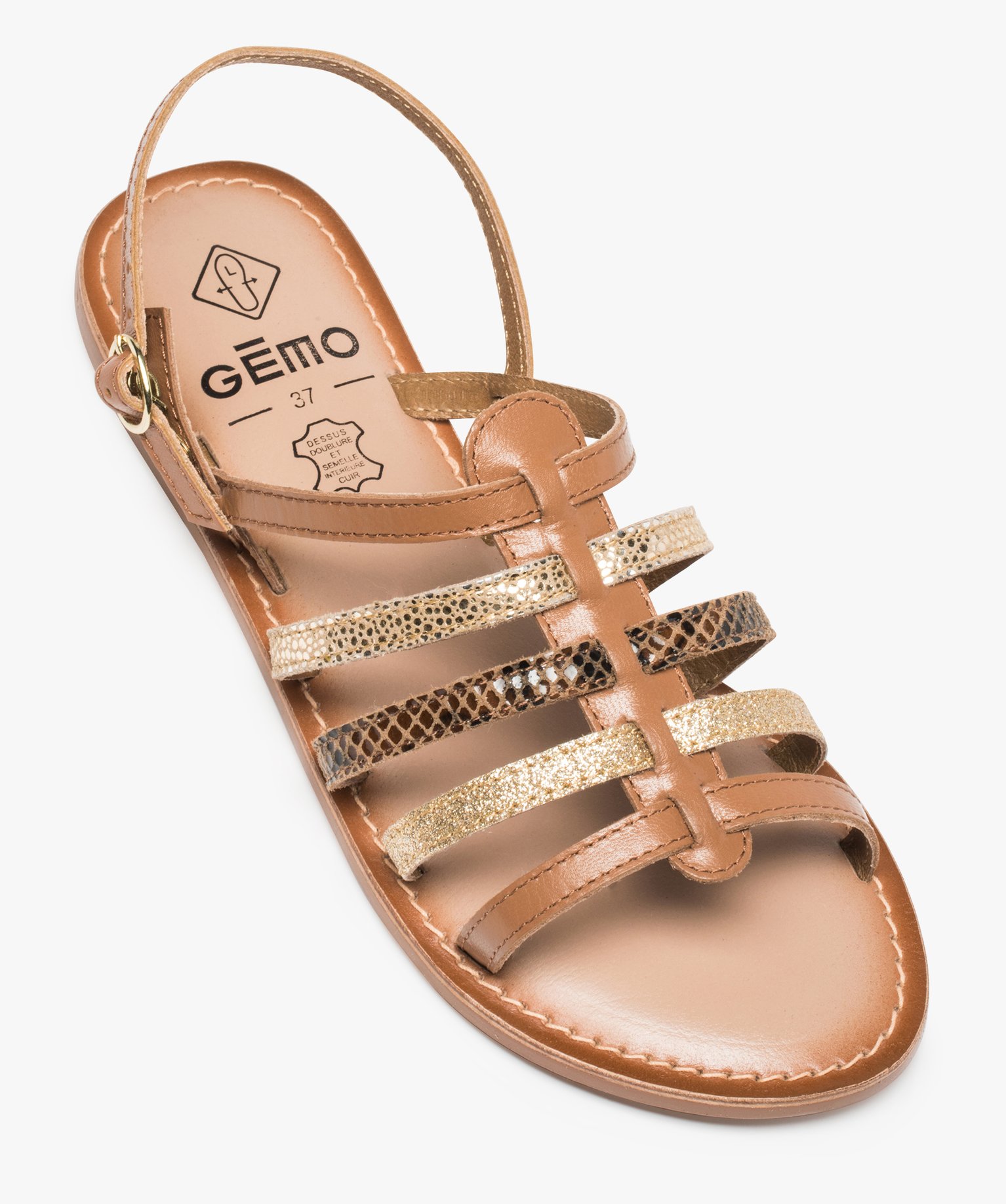Sandales femme spartiates en cuir spécial pied large camel | GEMO