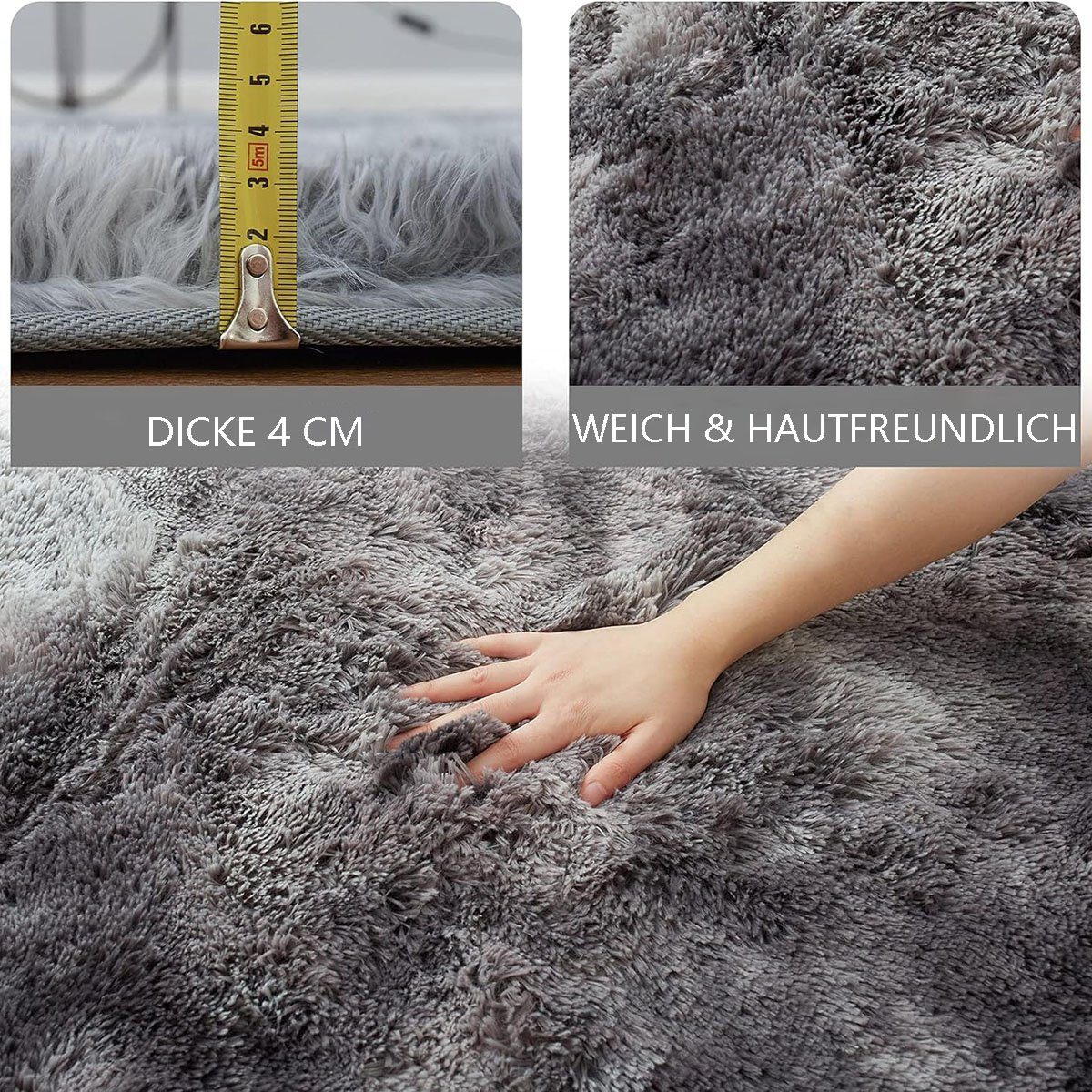 Antirutsch Teppichunterlage Teppich Wohnzimmer Shaggy Hochflor Schwarz Langflor, YYV, (1-St), Kinderzimmer Modern Batik Jugendzimmer Flauschig Groß