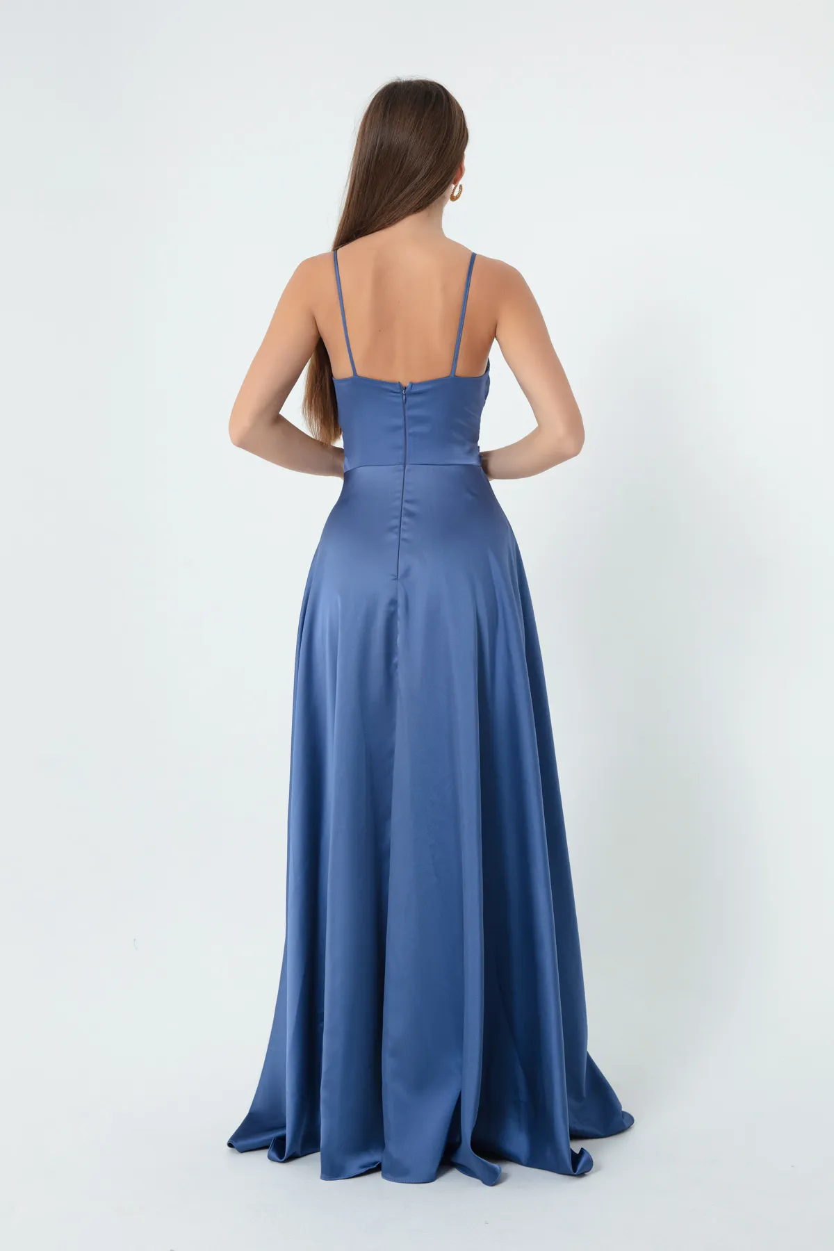 Lafaba  Damen-Abendkleid und Abschlusskleid aus Satin in Indigo-Optik mit Taillengürtel und Gürtel