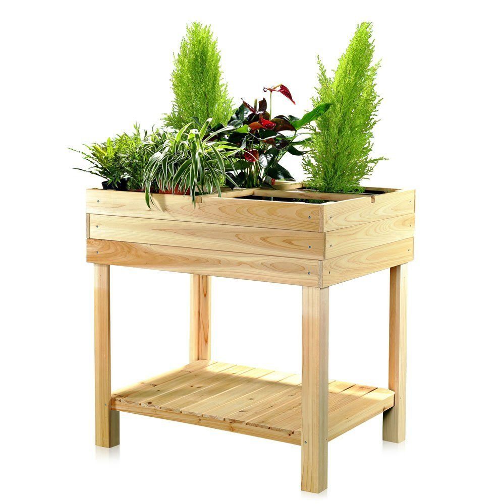 Melko Hochbeet Gartenbeet Hochbeet mit 4 Fächer aus Holz für Indoor & Outdoor 80x60x80 cm Blumenständer Pflanzkasten Pflanztisch Gemüsebeet Gärtnertisch (Stück), Mit Ablage