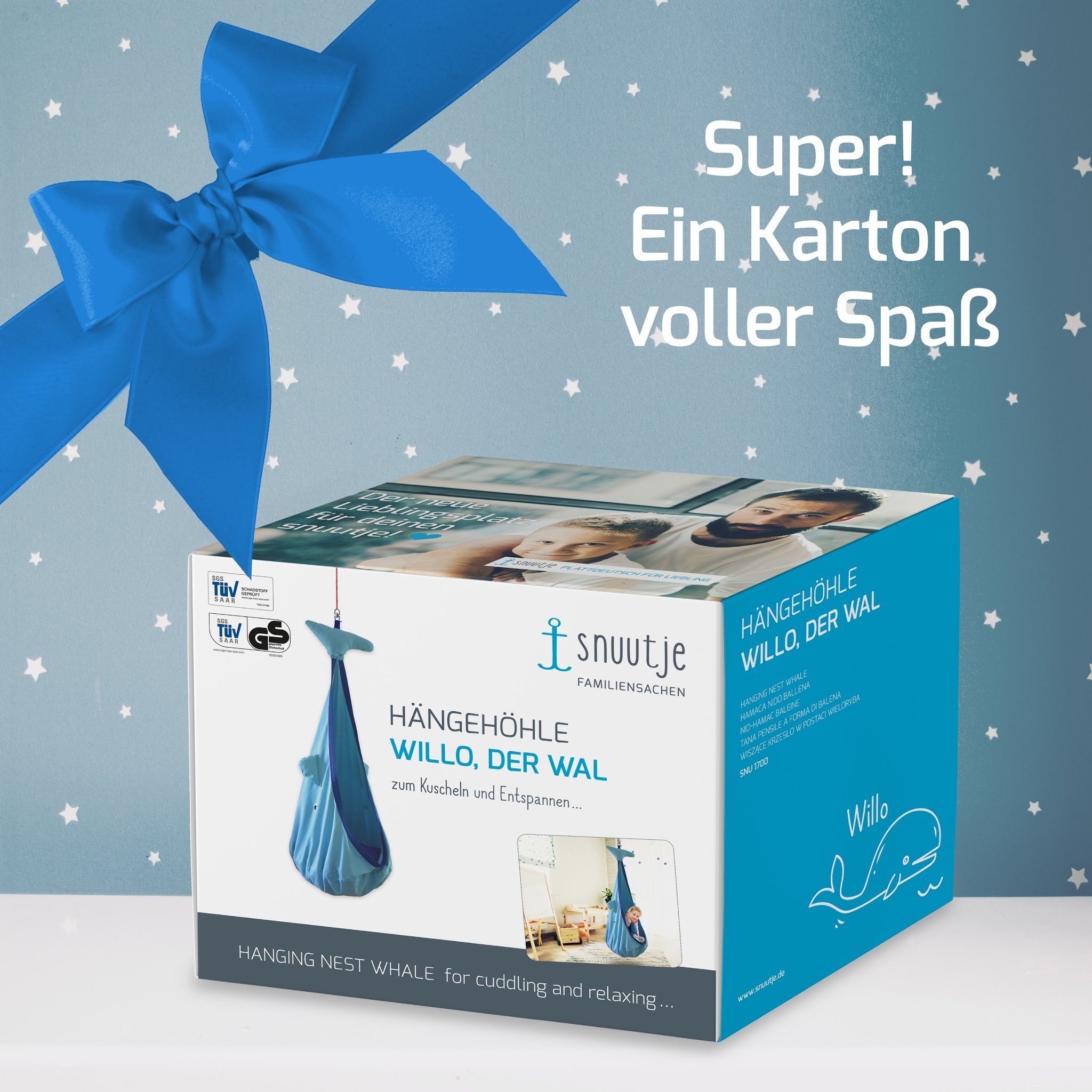 snuutje Familiensachen Hängehöhle Hängesessel für Kinderzimmer indoor (2 Sitzkissen), Hängehöhle ab 3 Jahre, Wal, Pinguin, Einhorn, 100% Baumwolle, bis 80kg