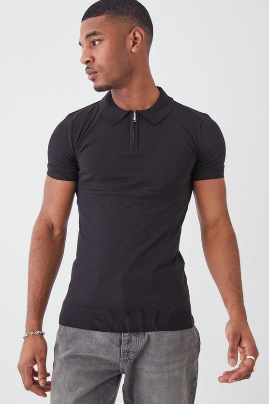 Tall kurzärmliges Muscle-Fit Poloshirt mit Reißverschluss