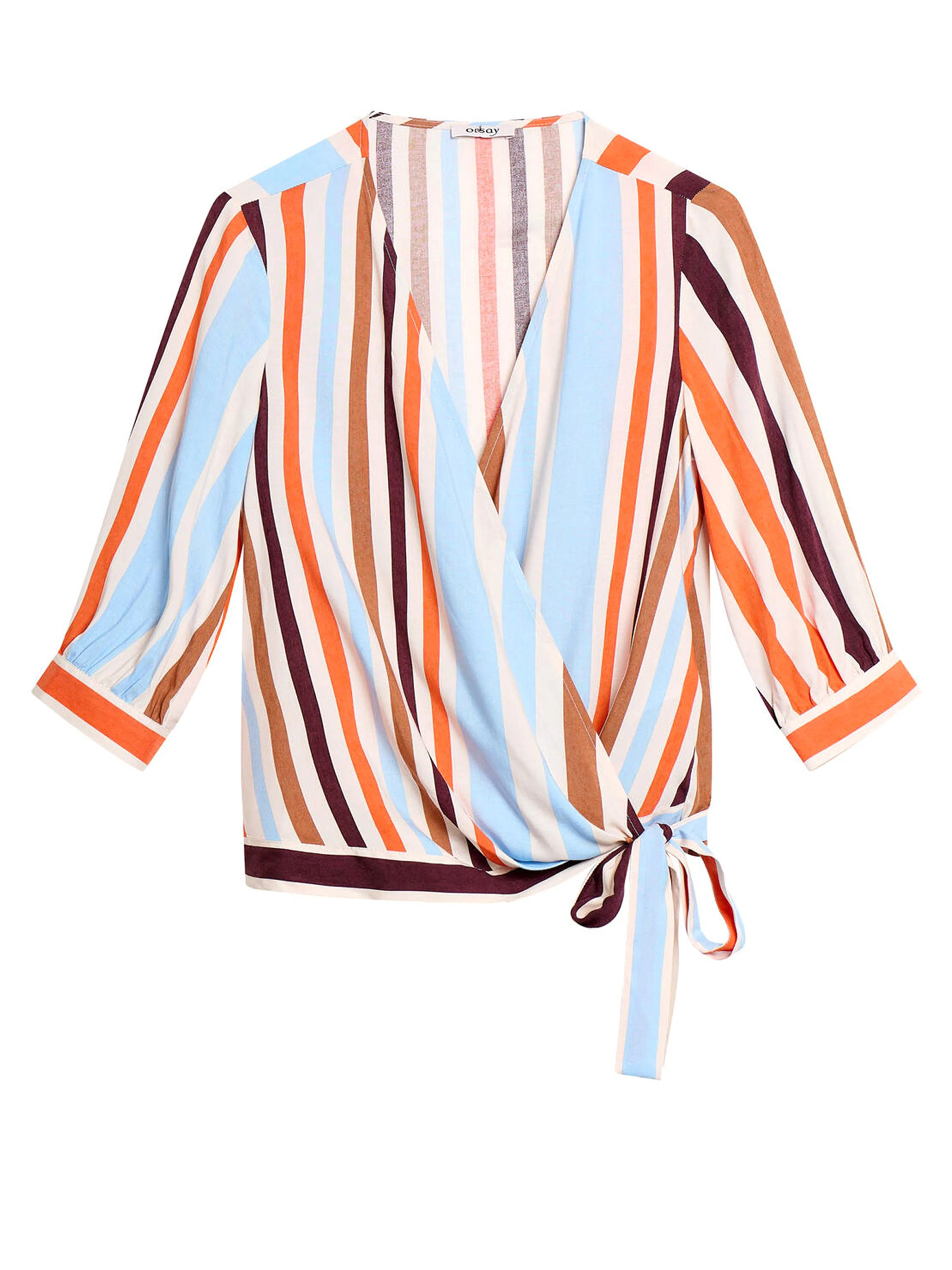 Blau-orange gestreifte Wickelbluse mit Dreiviertel-Ärmeln ORSAY