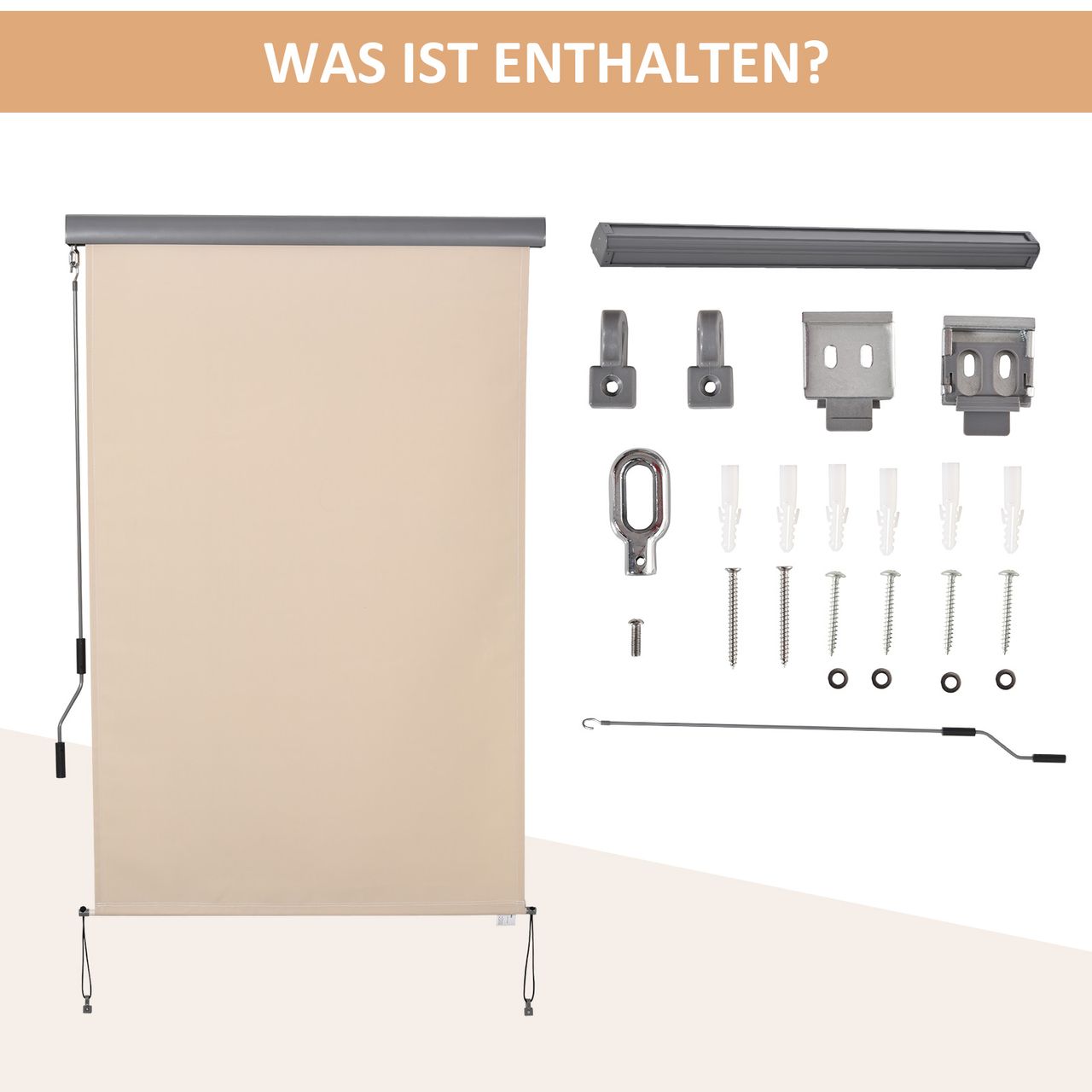 Outsunny Senkrechtmarkise Balkonmarkise Vertikalmarkise Windschutz Seitenrollo Sichtschutz mit Handkurbel Polyester Aluminium Cremeweiß 120 x 200 cm