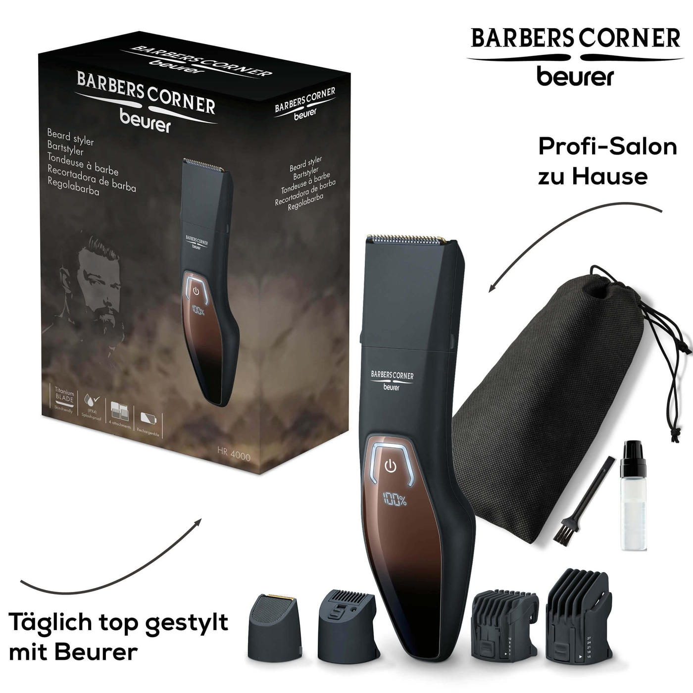 Beurer HR 4000 Bartstyler-Bartschneider mit 4 Aufsätzen für individuelles Styling & Spannungsanpassung