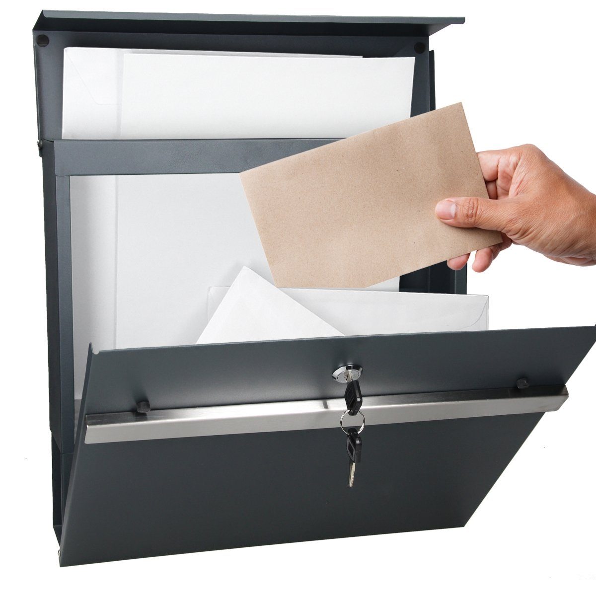 ECD Germany Briefkasten Designbriefkasten mit Zeitungsfach Wandbriefkasten Postkasten Mailbox, Modern 37x11x36,5cm Stahl Anthrazit-Grau 2 Schlüssel Montagematerial