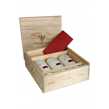 CAISSE BOIS 3 BOUTEILLES VÉRITÉ 2015 - DÉSIR - MUSE - JOIE