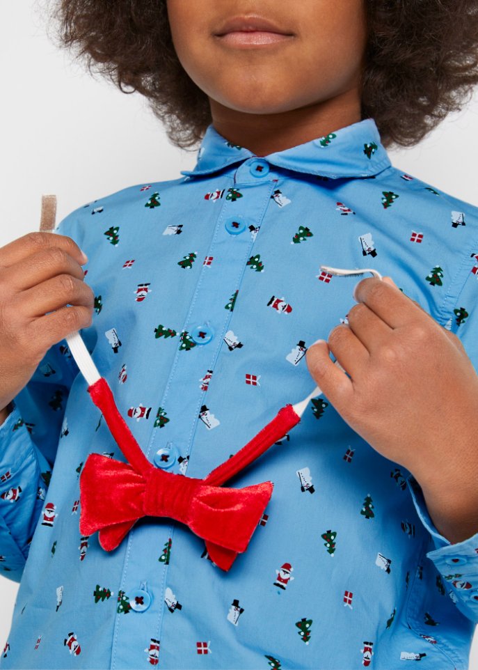 Jungen Langarmhemd mit Fliege und Weihnachtsmotiv (2-tlg.Set)