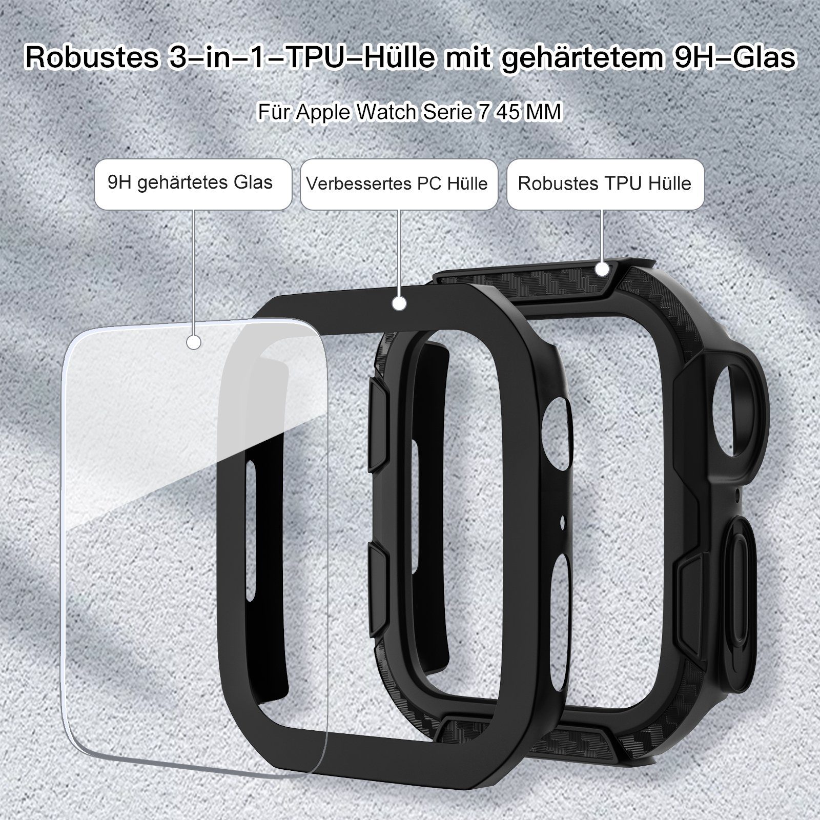 edimens Smartwatch-Hülle Schutzhülle für Apple Watch 9 8 7 45mm Stoßfest Kratzfest Glasfolie 45mm, Gehäuse und Membran sind integriert, schützen Sie Ihre Uhr rundum
