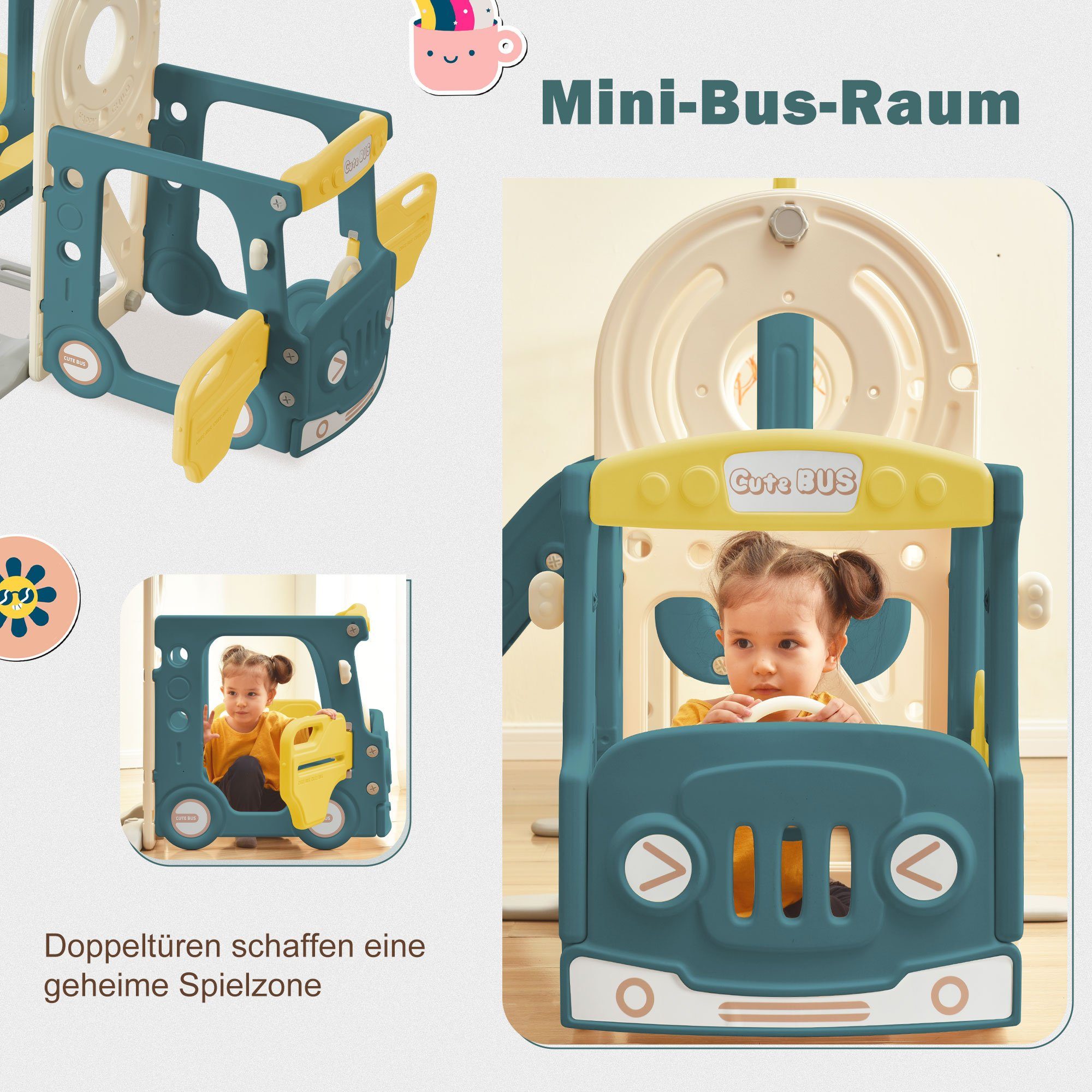 BlingBin Indoor-Rutsche 4-in-1-Kinderrutsche, (1-tlg., Für die Verwendung in Innenräumen), Bus, Rutsche, Aktivitätsleiter, Basketballkorb, passendem Basketball