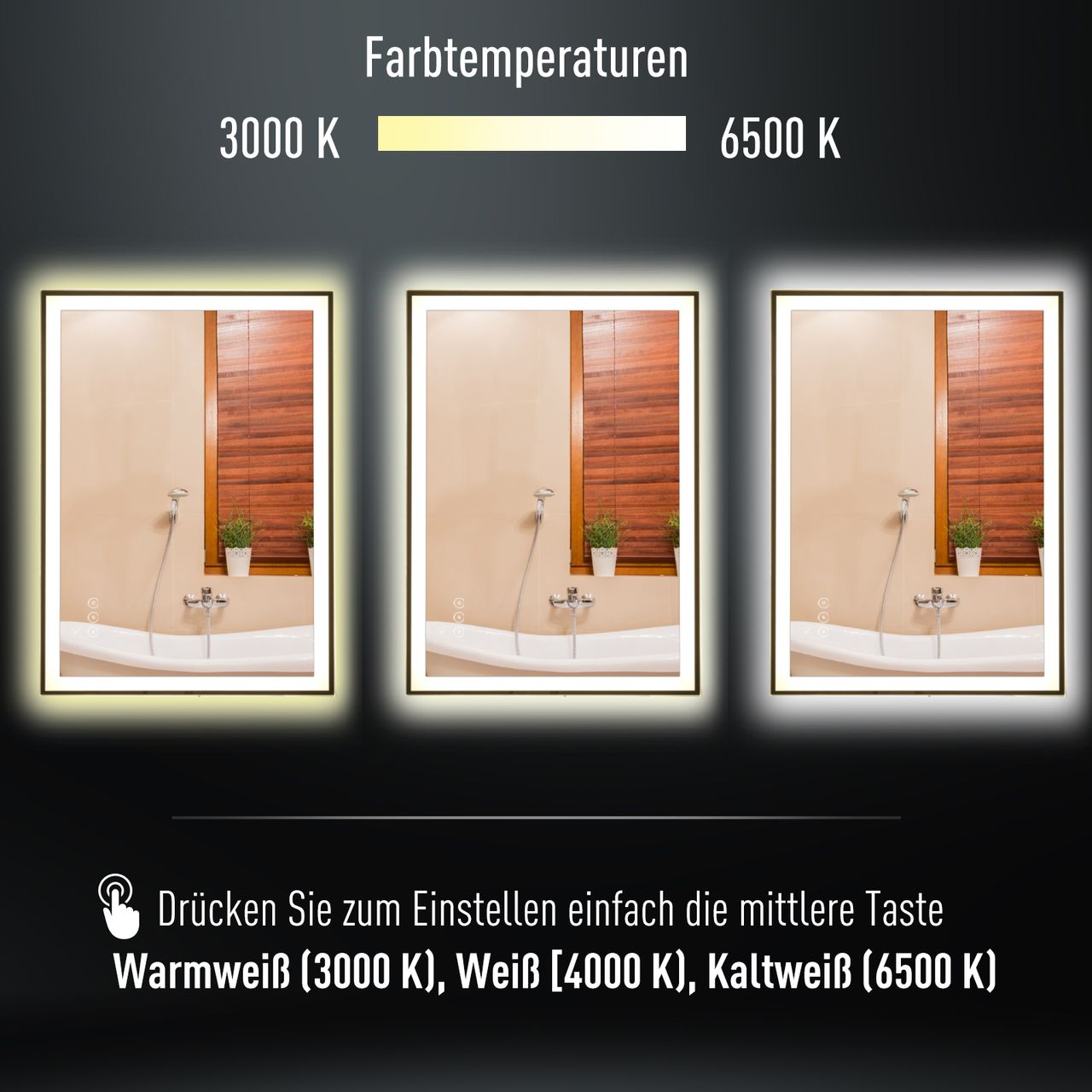 kleankin Badezimmerspiegel LED-Spiegel Nebelfreier Wandspiegel Touch-Schalter 3 Farben Alu 70 x 50 x 3 cm