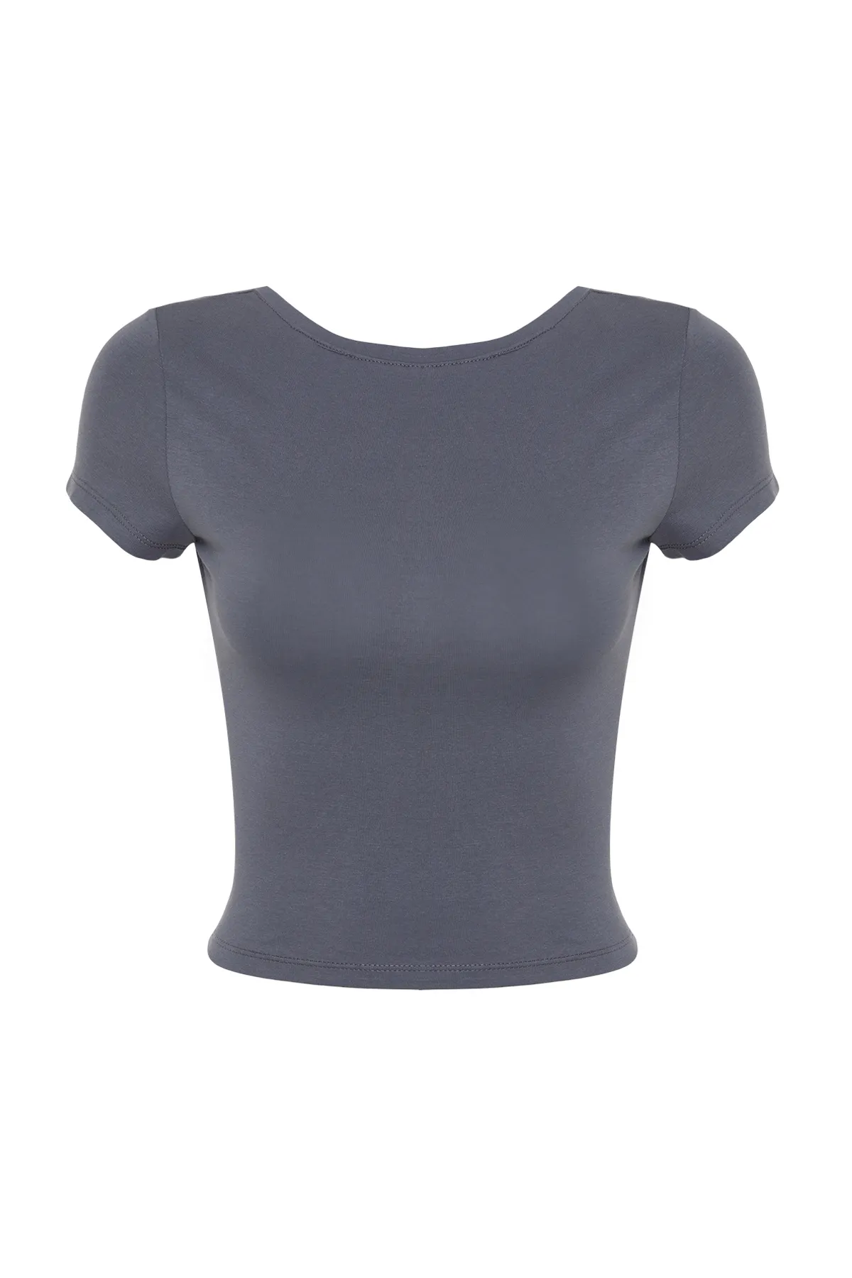 Trendyol Collection  Anthrazitfarbene, rückenfreie, bauchfreie, dehnbare Strickbluse aus Baumwolle TWOSS23BZ00912