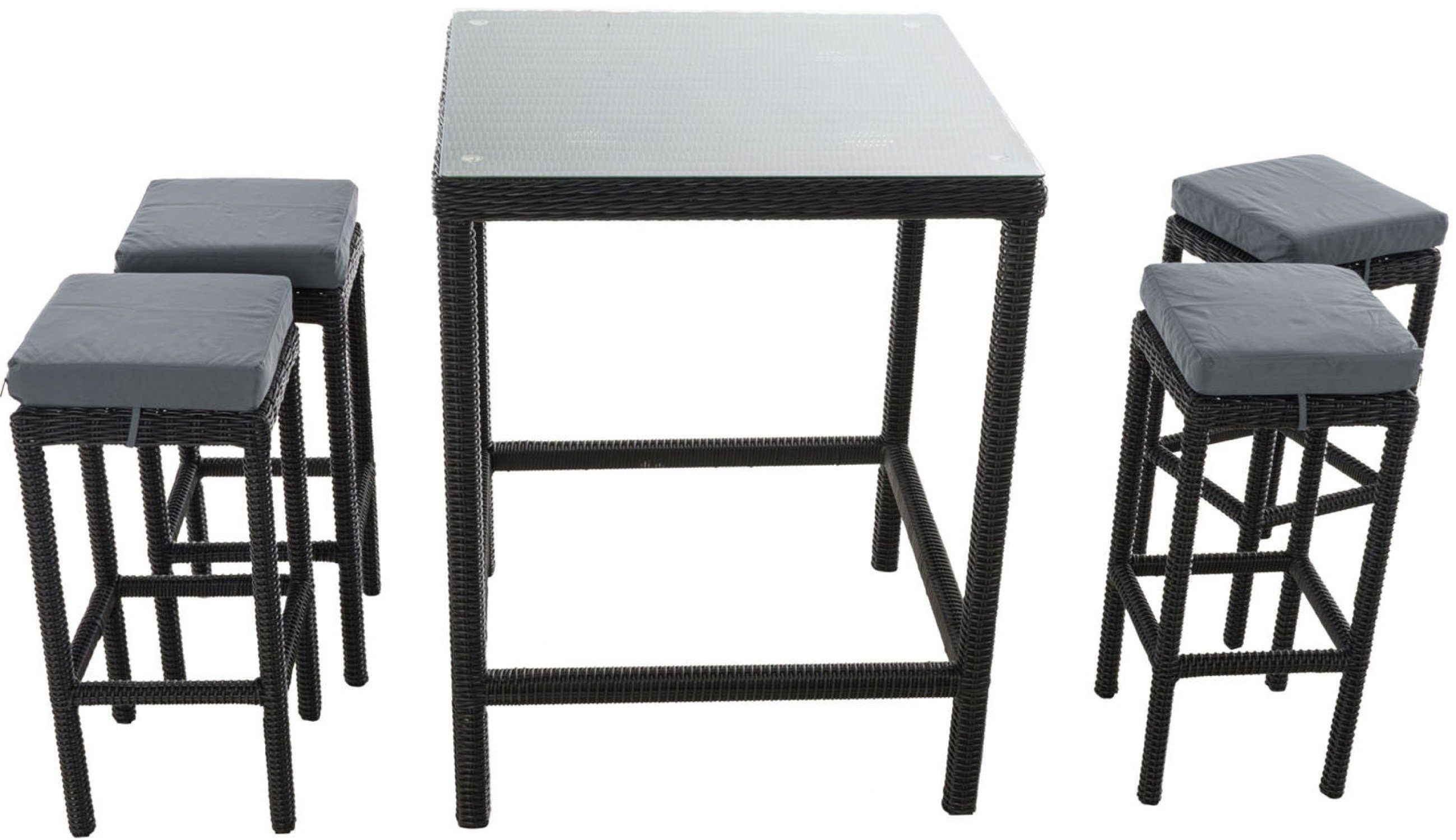 TPFGarden Gartenbar-Set Alina - aus 5mm Polyrattan und Aluminium-Gestell, (Stehtisch-Set mit 4 Hockern und Kunstlederauflagen, Gartenlounge-Set - wasserfest, pflegeleicht und UV-beständig), Maße (TxBxH): Tisch 84 x 84 x 110,5cm - Hocker 37 x 37 x 74,