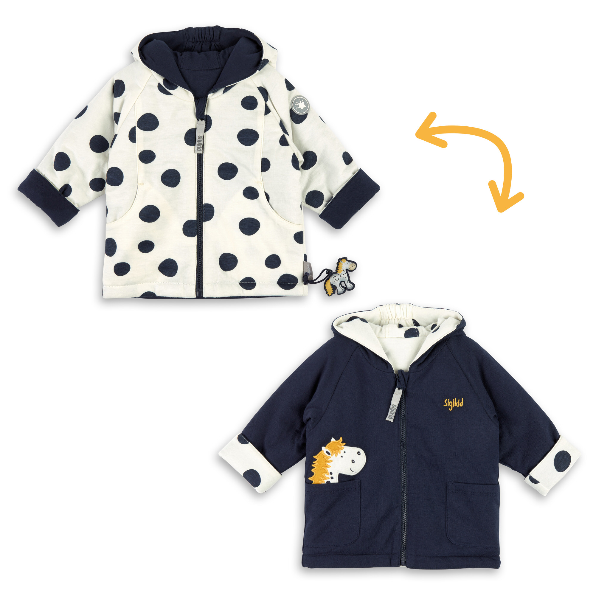 Wattierte Baby Wendejacke Tupfen Pony, dunkelblau oder w