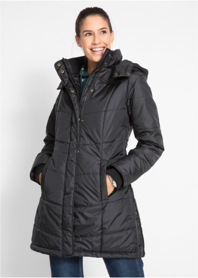 Long-Steppjacke, wattiert mit Kragen und Kapuze