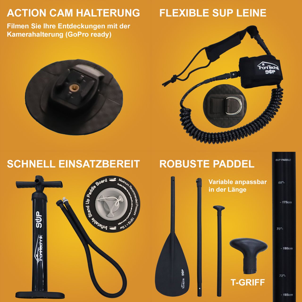 TroniTechnik Standup Paddle Board SUP, inkl. umpfangreichen Zubehör, Paddel und Hochdruckpumpe, Farbe Orange in Größe 366 x 80 x 15cm