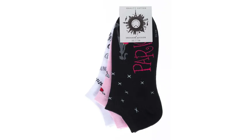 Damen Sneaker Socken Paris 3er Pack schwarz, rosa, weiß