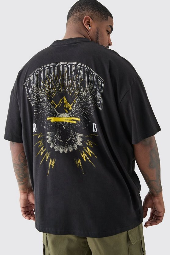 Plus schwarzes T-Shirt mit Worldwide Adler Print