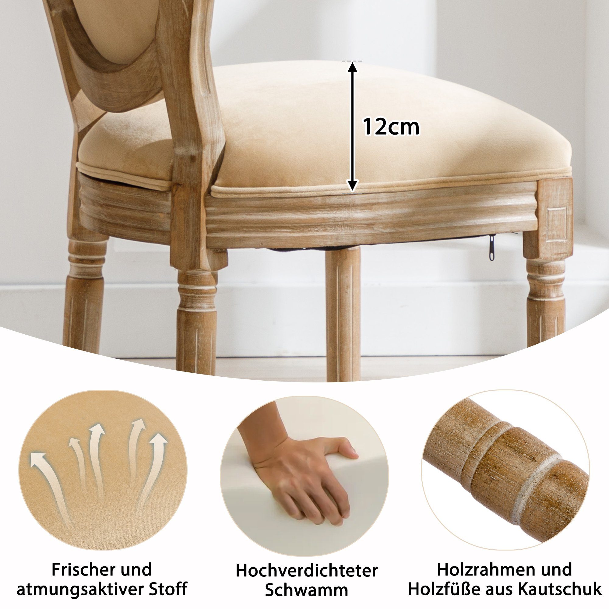Ulife Polsterstuhl Esszimmerstühle aus Leinen,Knopfdesign Medaillon Stuhl (2 St), mit runden Rückenlehnen und Beinen aus Gummiholz
