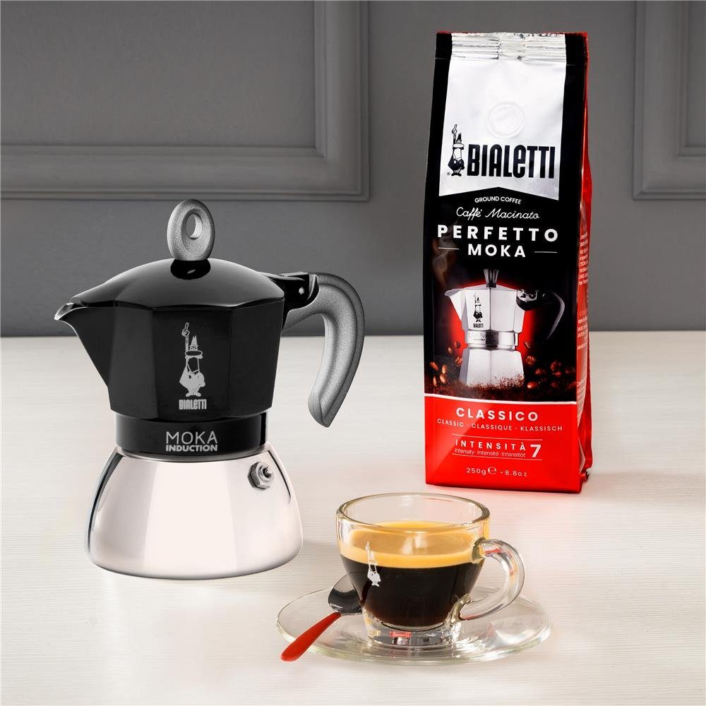 BIALETTI Espressokocher New Moka, 0,15l Kaffeekanne, aus Aluminium / Stahl, für vier Tassen, Kaffeemaschine, Kaffeekocher, für Induktions-, Gasherd, Elektroherd und Propan-Campingkocher geeignet, für Camping, Silber / Schwarz